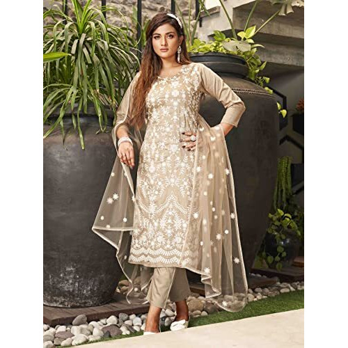 Womanista Women's Cotton Embroidered Kurta Set (Kurtaset_1121A_Beige