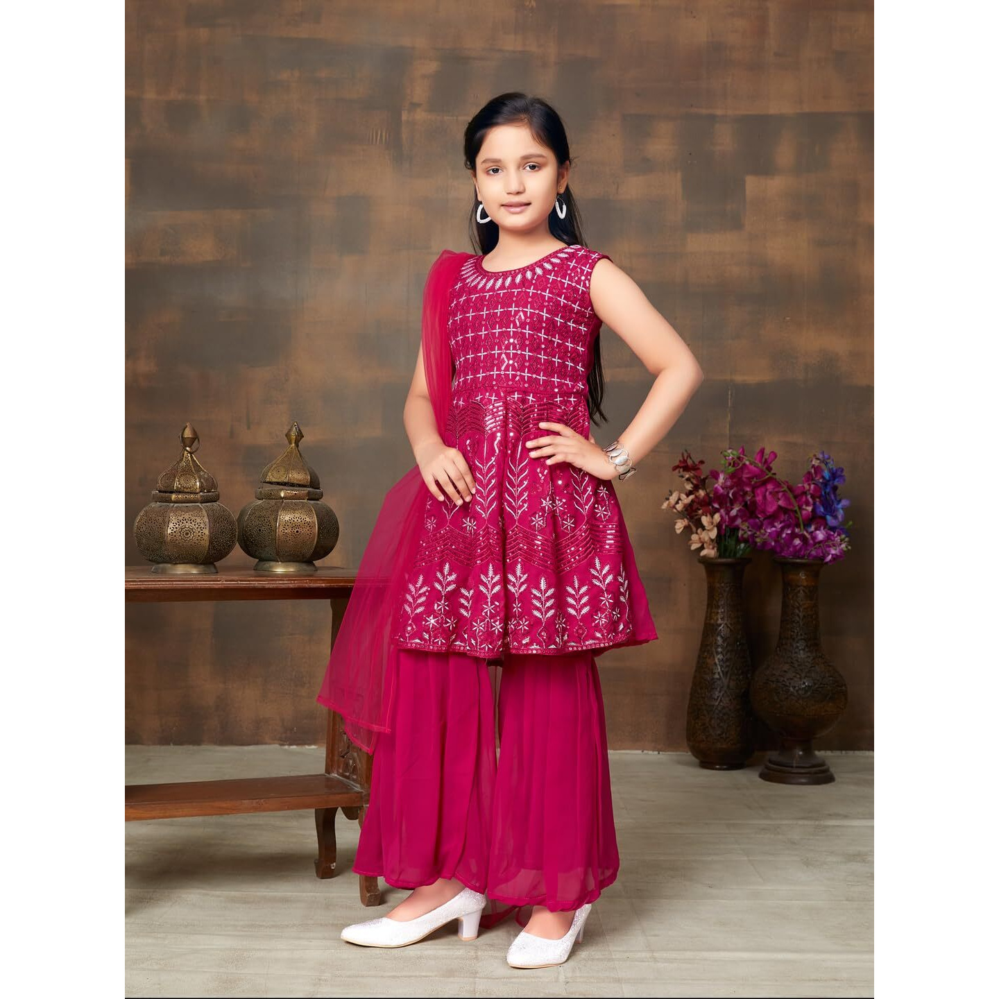 Aarika Girls Ethnic Wear Rani Colour Sequin Embroidery Georgette Kurti Sharara Set (4-10 Years)