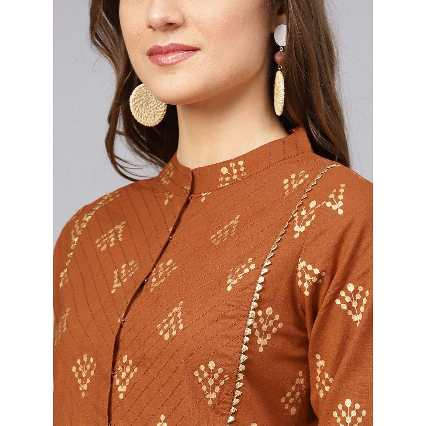 Idalia Womens Rust Gold Ethnic Kurta Set For Women Stylish Mandarin Collar Printed Cotton Kurta With Pant Set For Wedding & Festive