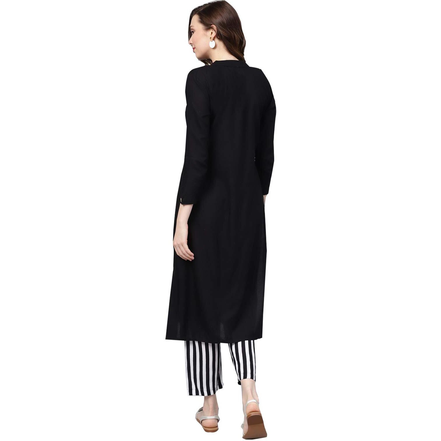 Ishin Women's Rayon Black & White Solid A-Line Kurta Set With Palazzo