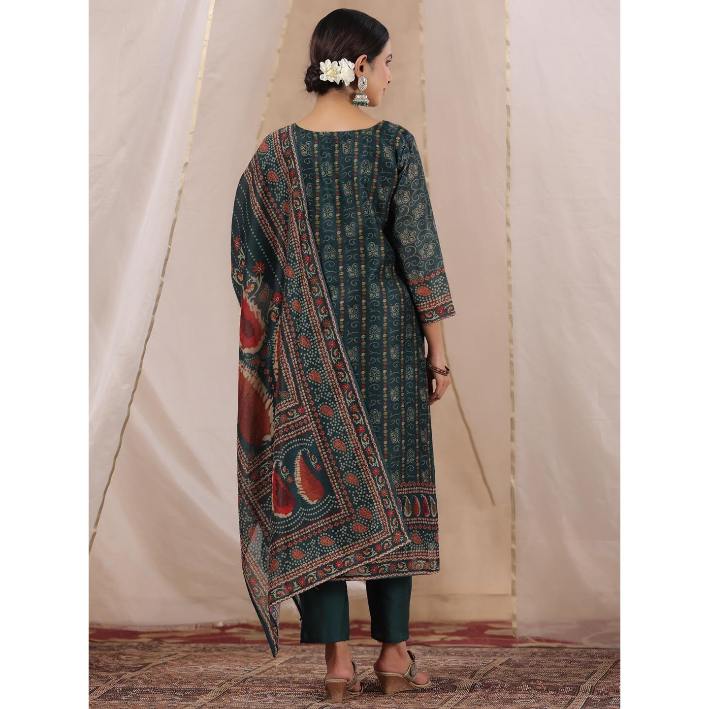 Ishin Women's Green Ethnic Motifs Printed Poly Silk Straight Kurta With Trousers & Dupatta
