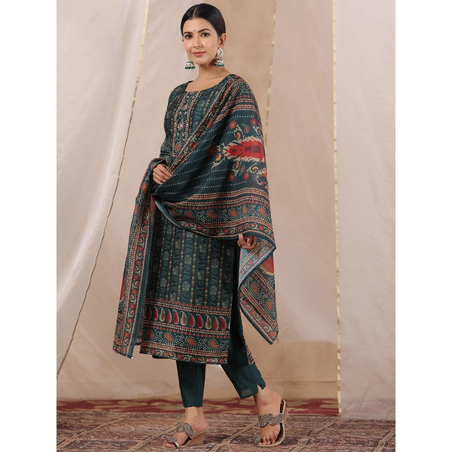 Ishin Women's Green Ethnic Motifs Printed Poly Silk Straight Kurta With Trousers & Dupatta