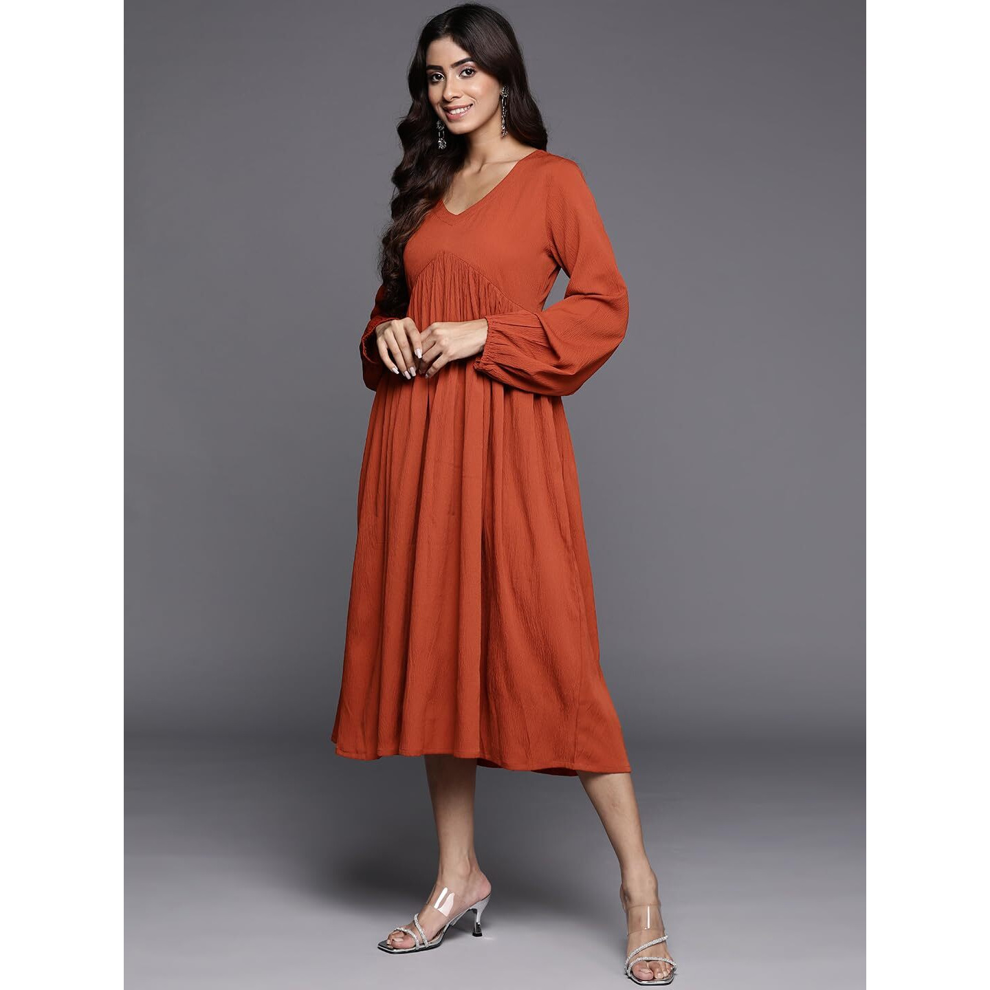 Varanga Women Rust V-Neck A-Line Dress With Bishop Sleeves, Flared Hem - Stylish Casual Dress For Women, Comfortable Fashion, Calf Length (Medium)