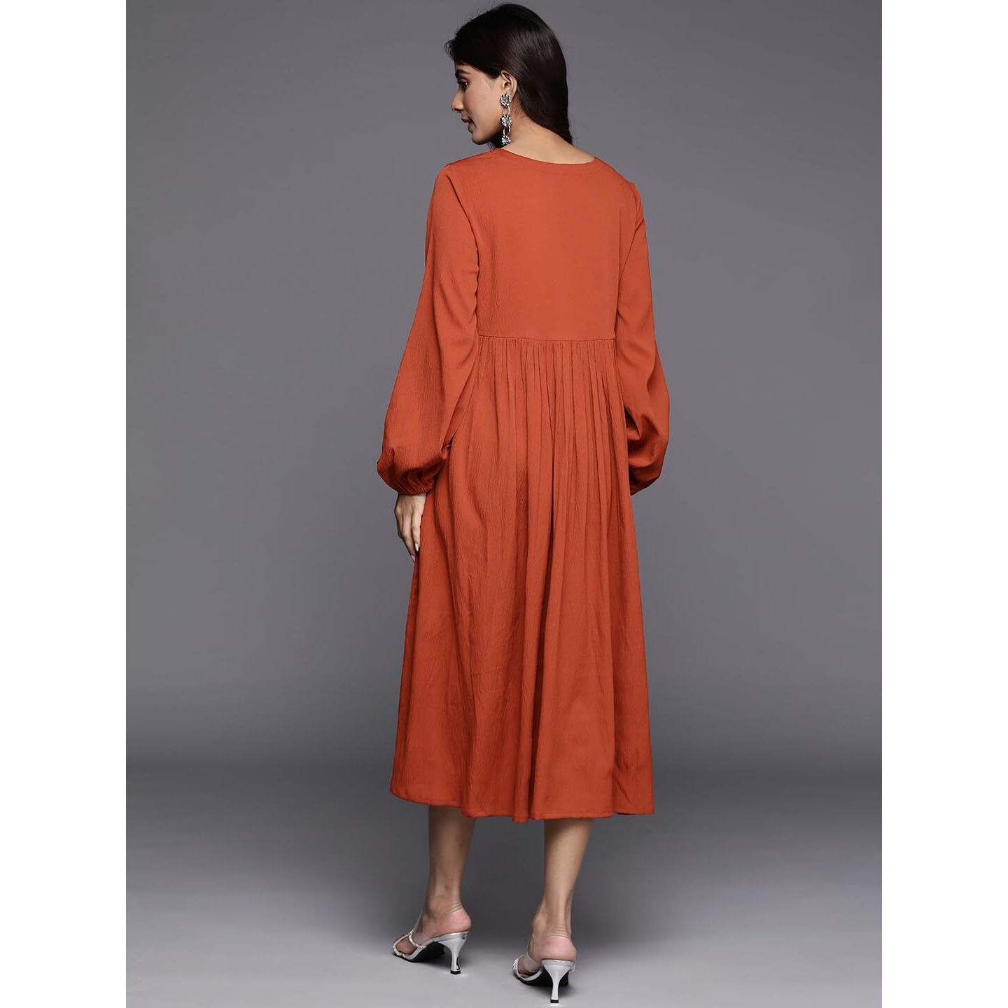 Varanga Women Rust V-Neck A-Line Dress With Bishop Sleeves, Flared Hem - Stylish Casual Dress For Women, Comfortable Fashion, Calf Length (Medium)