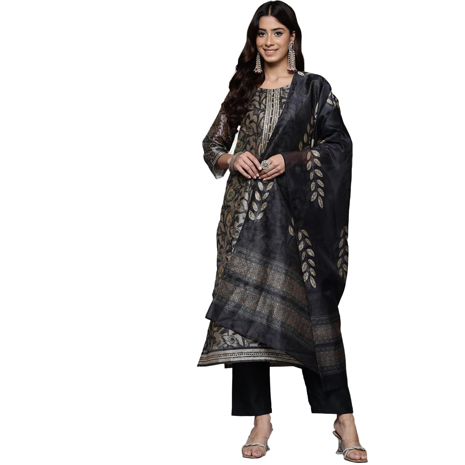 Varanga Women Grey Floral Printed Round Neck Straight Kurta Paired With Bottom And Printed Dupatta  Elegant & Comfortable Ethnic Wear