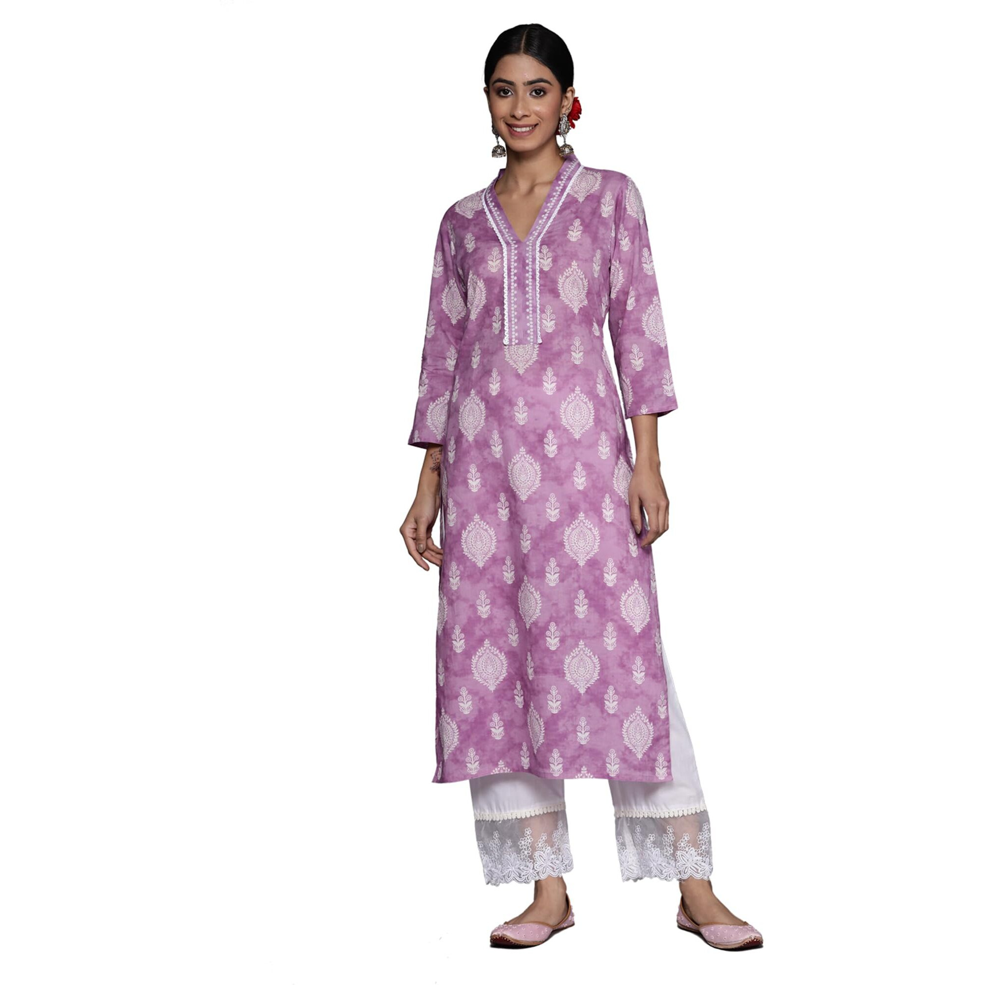 Varanga Women Lavender 3/4Th Sleeve V Neck Collared Kurta With White Floral Patterns (Medium)