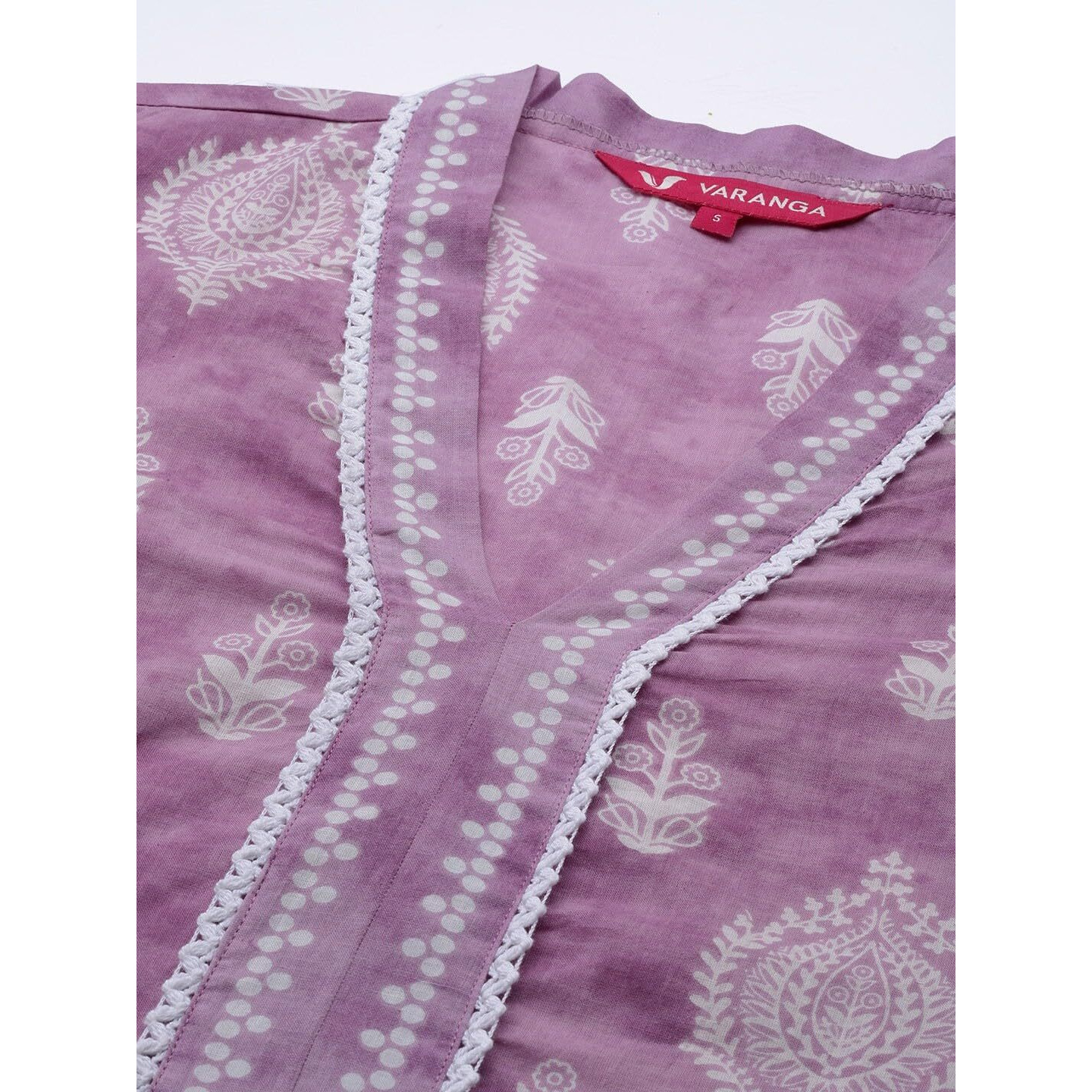 Varanga Women Lavender 3/4Th Sleeve V Neck Collared Kurta With White Floral Patterns (Medium)