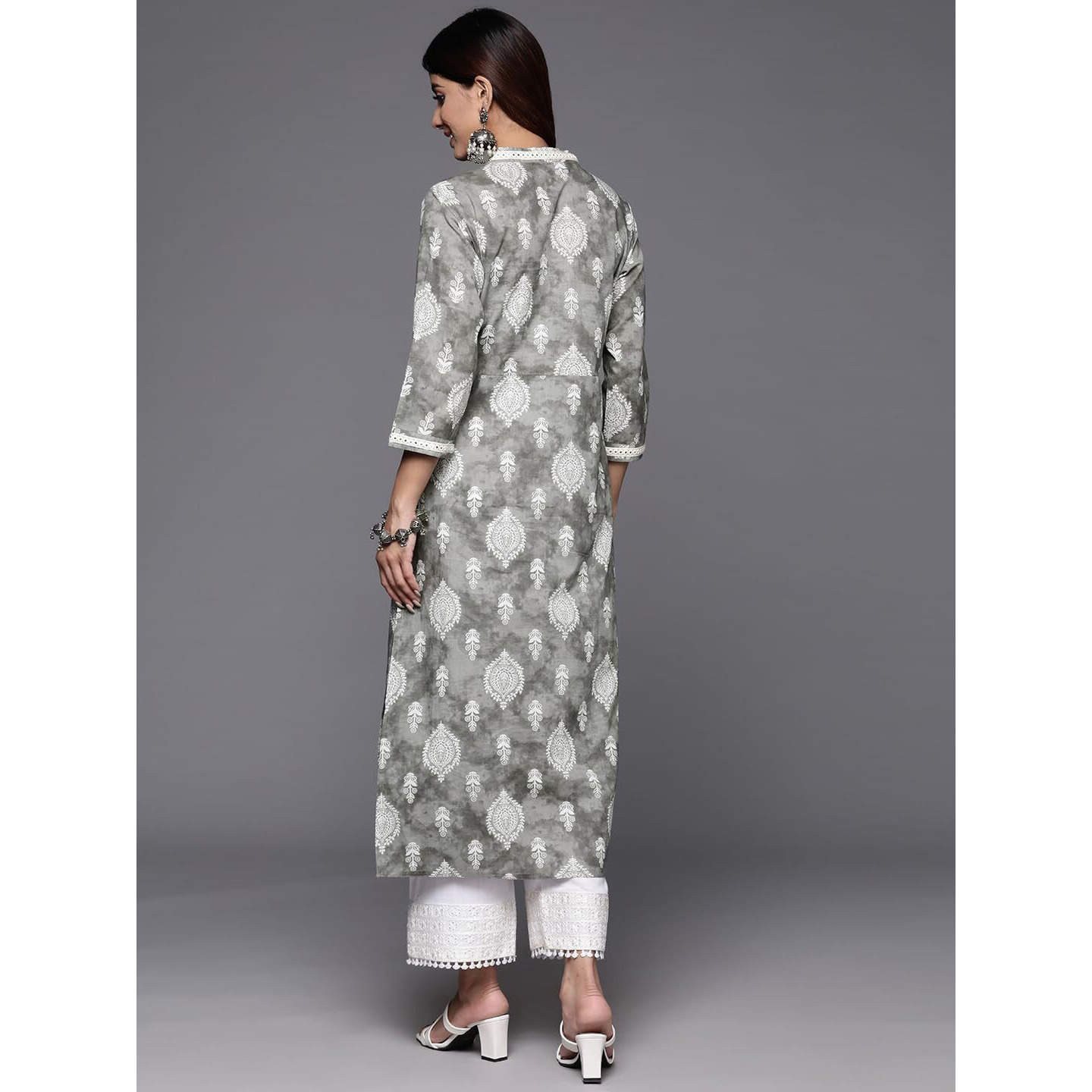 Varanga Women Grey Printed V-Neck Lace Embellished Straight Kurta - Traditional Ethnic Wear, Comfortable & Stylish For Casual & Festive Occasions (Small)