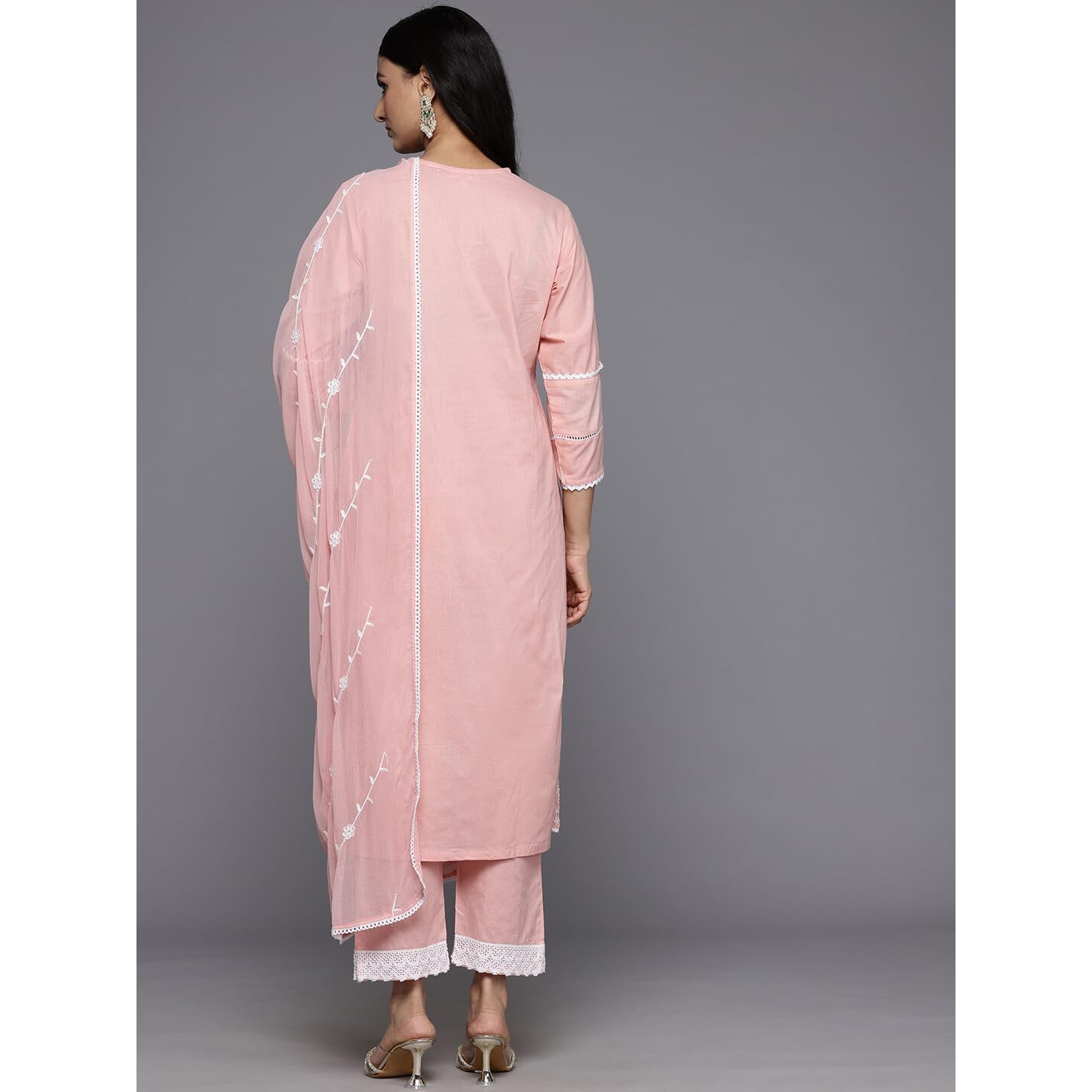 Varanga Women's Pink V Neck Thread Embroidered With Tonal Bottom And Chiffon Dupatta.