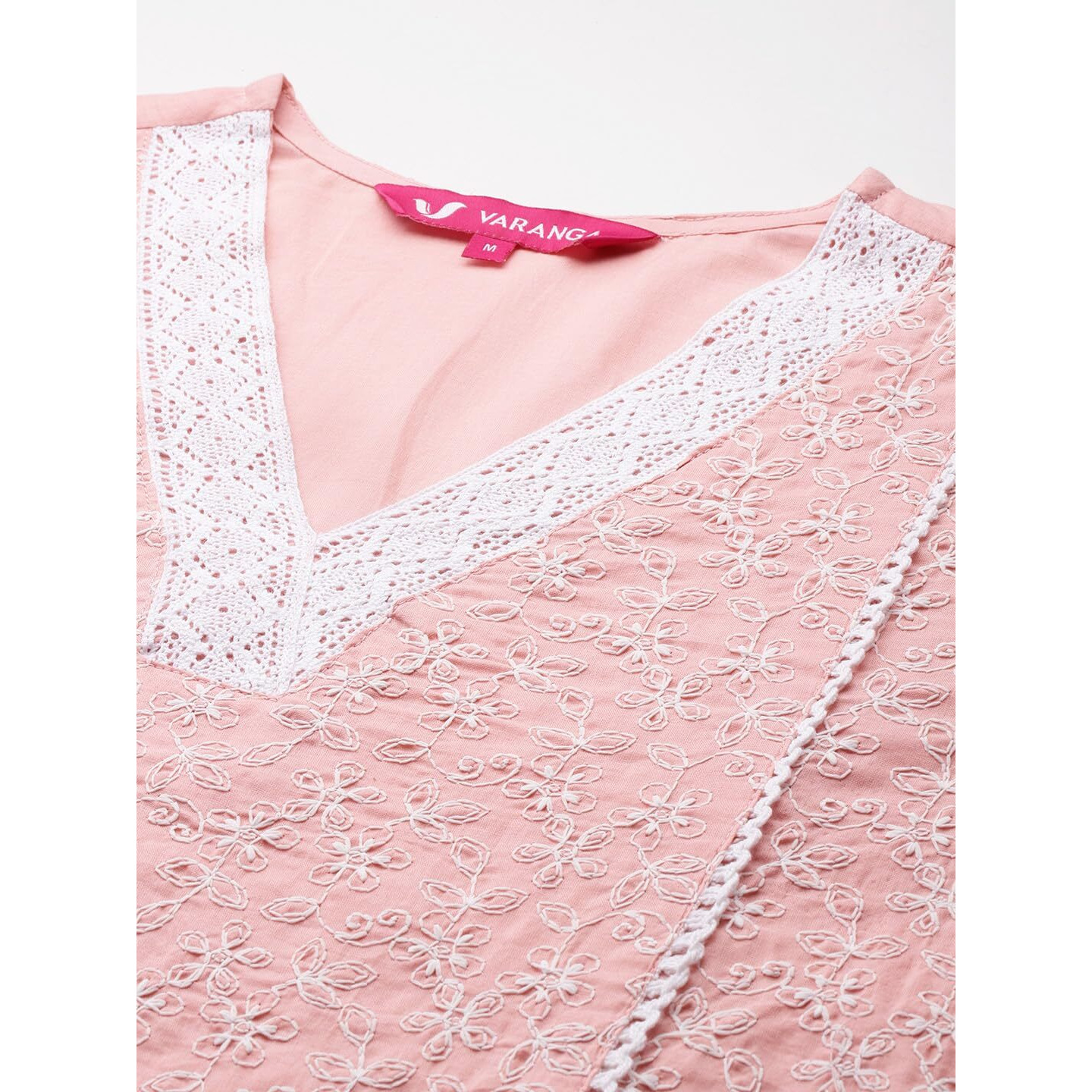 Varanga Women's Pink V Neck Thread Embroidered With Tonal Bottom And Chiffon Dupatta.