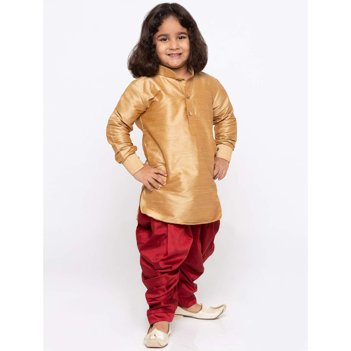 Jbn Creation Boys' Rose Gold And Maroon Silk Blend Kurta And Dhoti Pant Set (Vasbuk001Rgncdma, For 6-7 Years)