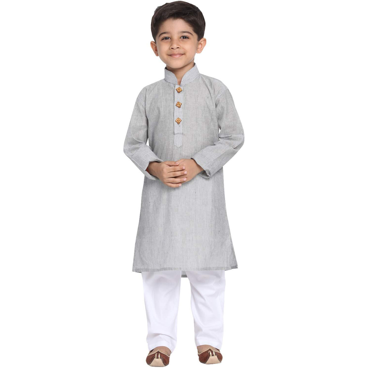 Jbn Creation Boys Pure Cotton Ash Grey And White Kurta Pyjama Set - Ethnic Elegance For Festivals | Comfortable Traditional Pure South Handloom Cotton Kurta Pyjama For Kids_Jbnbk070Gynpwh_36L