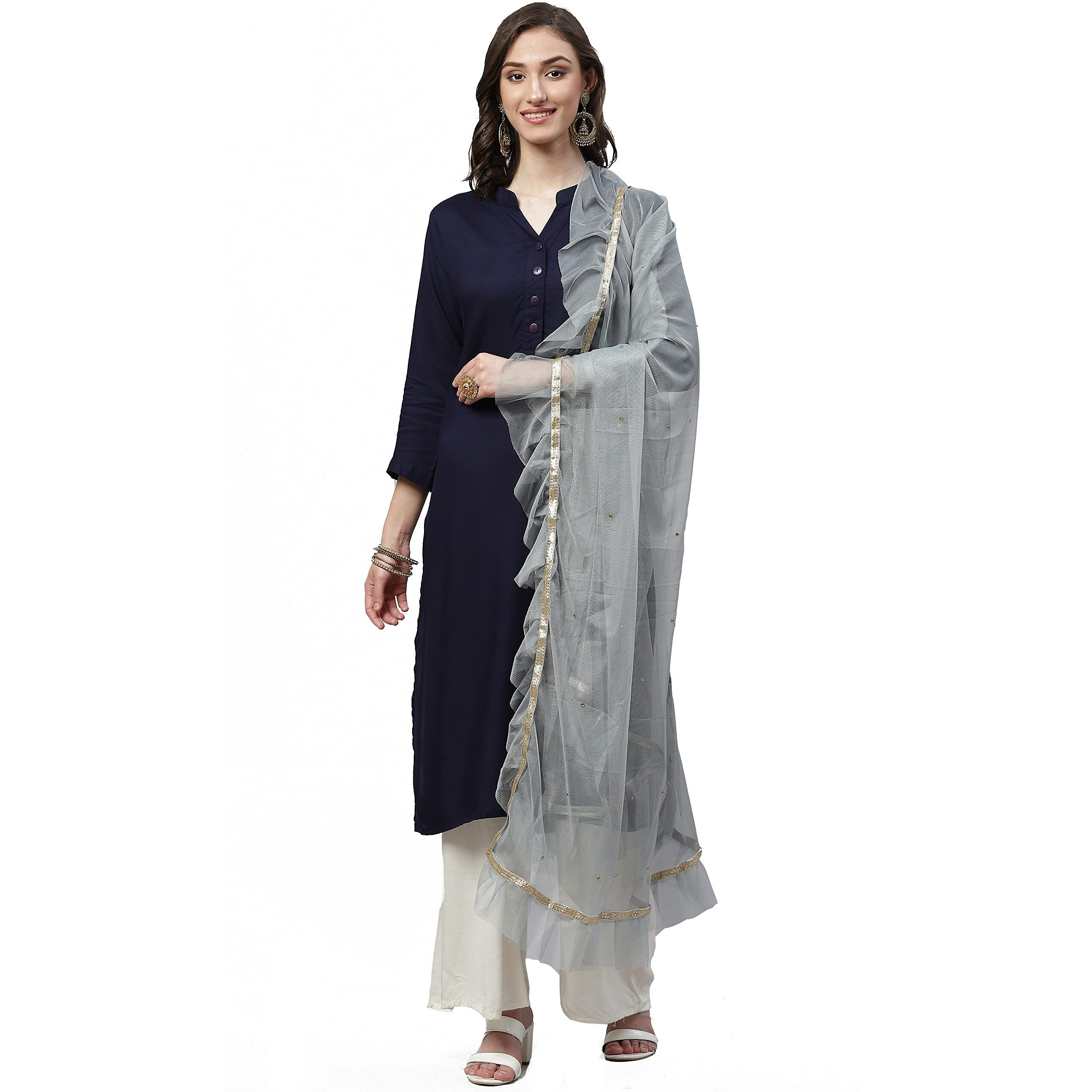 Weavers Villa Poly Net Embellished Dupatta, Chunni (Grey), 2.25 Mtrs