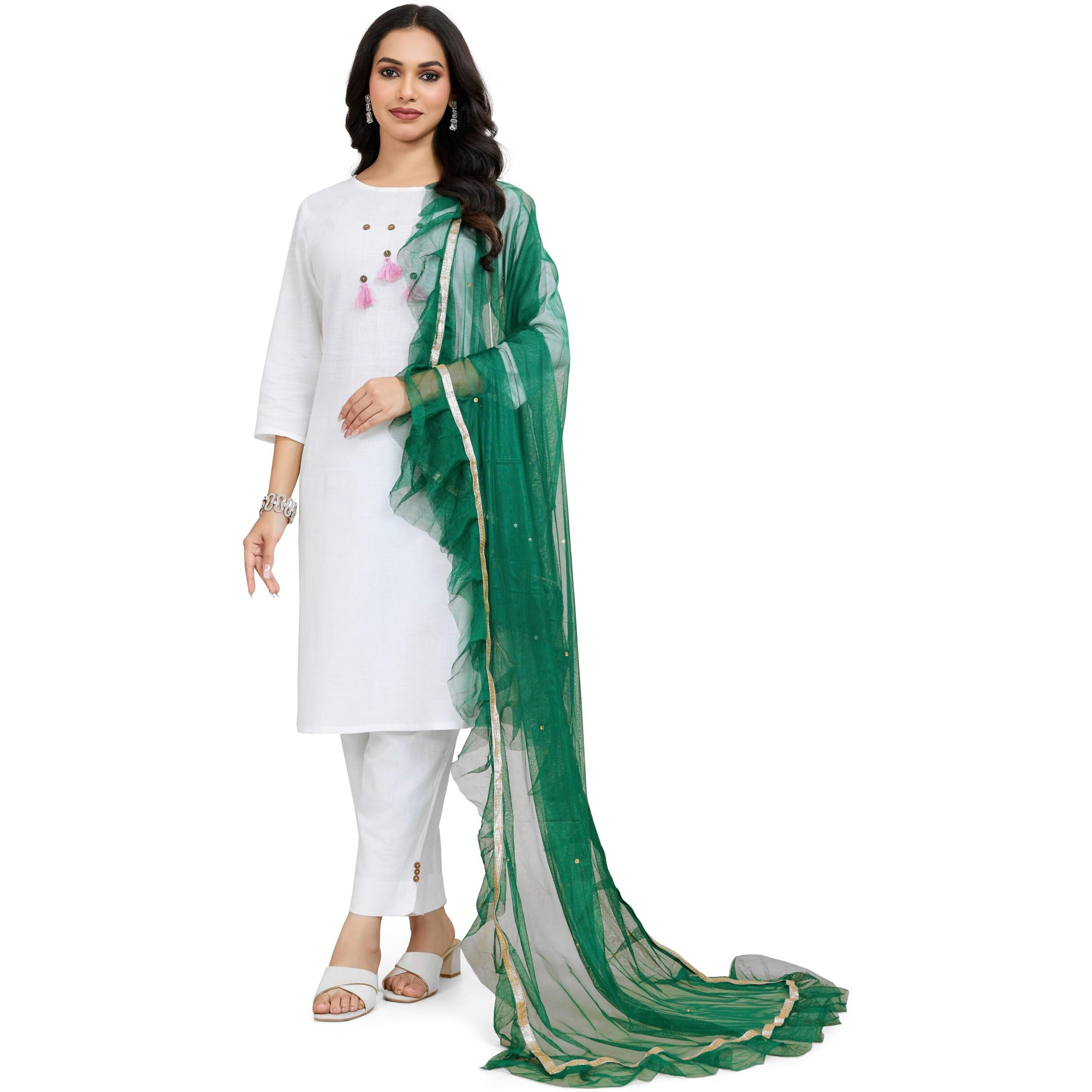 Weavers Villa Poly Net Embellished Dupatta, Chunni (New Green), 2.25 Mtrs