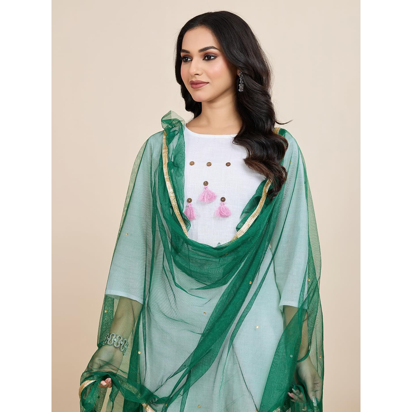 Weavers Villa Poly Net Embellished Dupatta, Chunni (New Green), 2.25 Mtrs