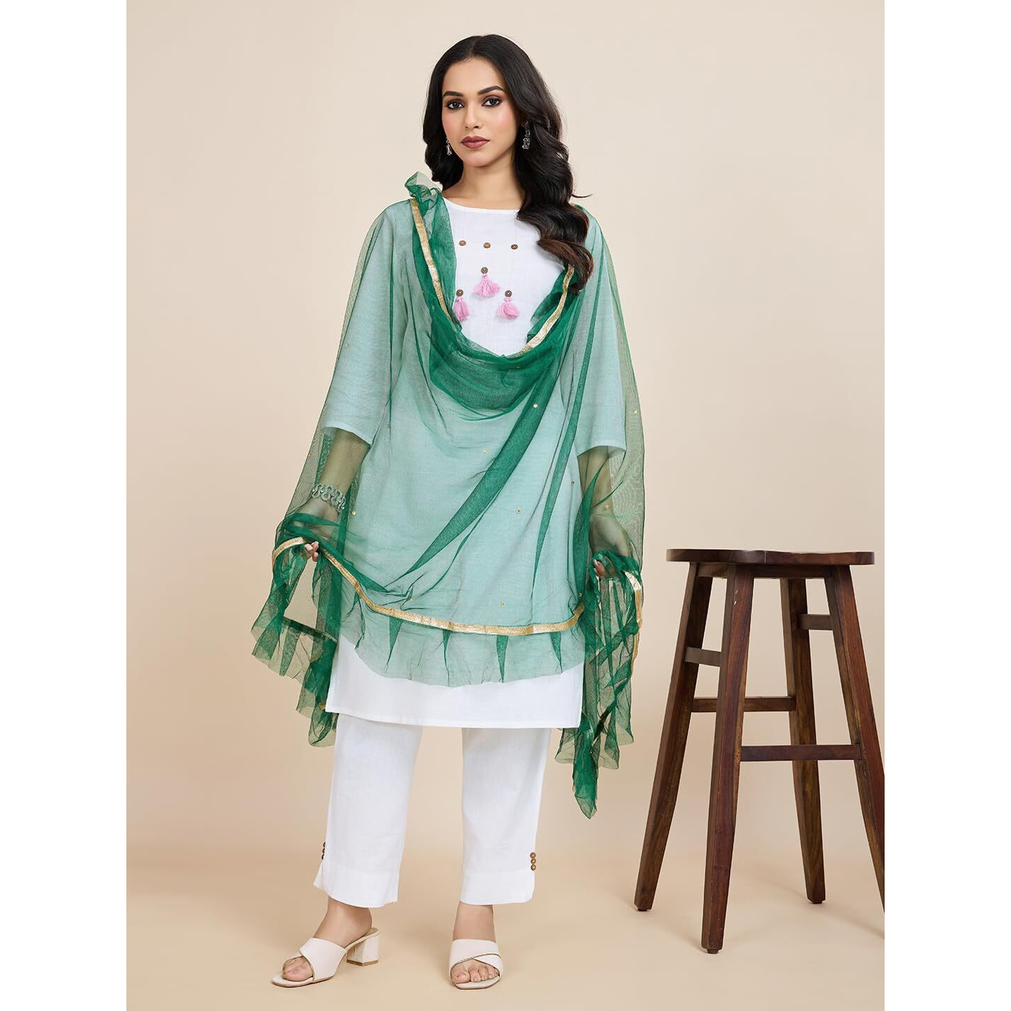 Weavers Villa Poly Net Embellished Dupatta, Chunni (New Green), 2.25 Mtrs