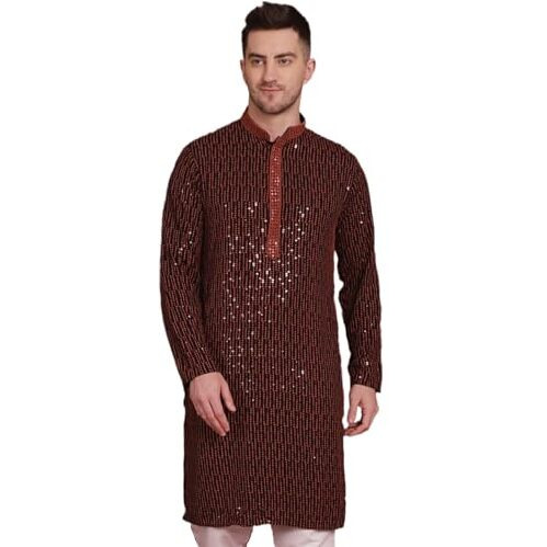 Jompers Men's Orange Chikankari Sequins Embroidered Kurtas (Orange, Xl)