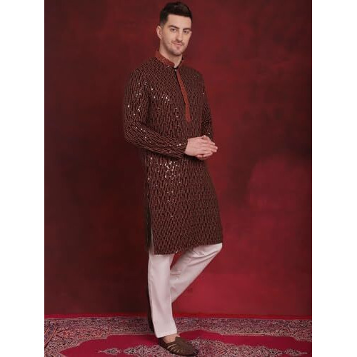 Jompers Men's Orange Chikankari Sequins Embroidered Kurtas (Orange, Xl)