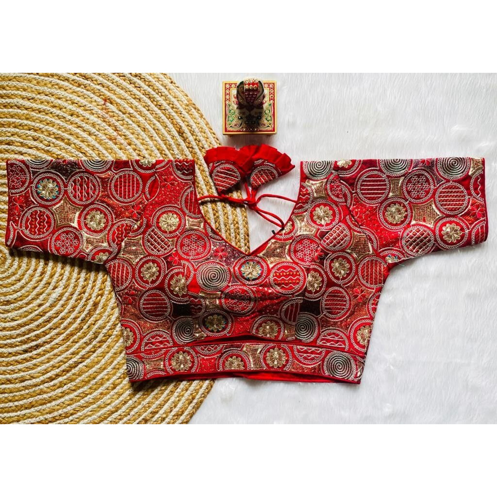 Vihu Fashion Women's Blouse Readymade Blouse Embroidery Multi Coding Gold Thread Blouses Handwork Red Color Readymade Saree Blouse For Women For Saree And Lehenga Choli (Vf2420 Red 36)