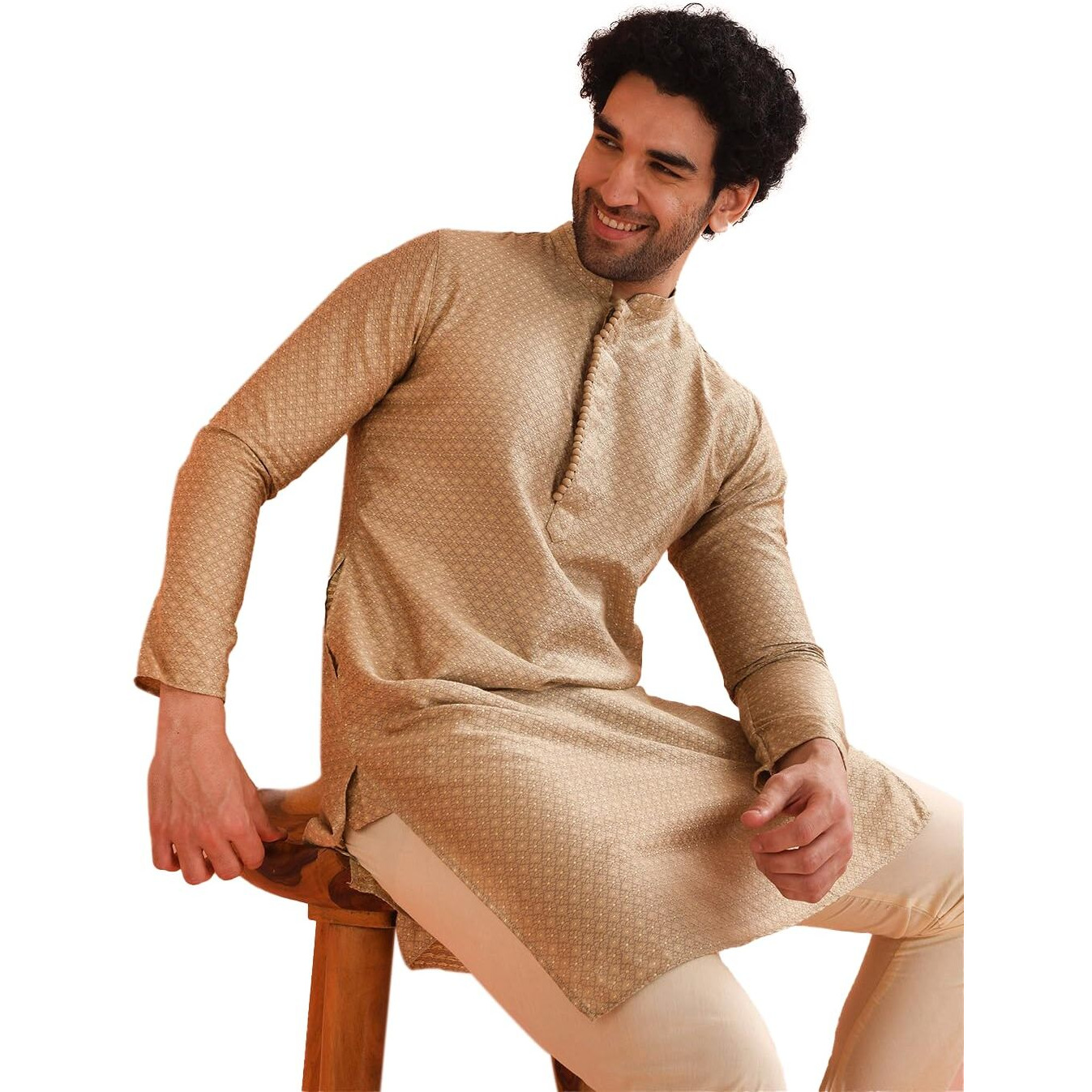 Kisah Mens Woven Silk Blend Kurta Churidar Set - Traditional Ethnic Wear For Men For Weddings & Festivals, Beige, 44