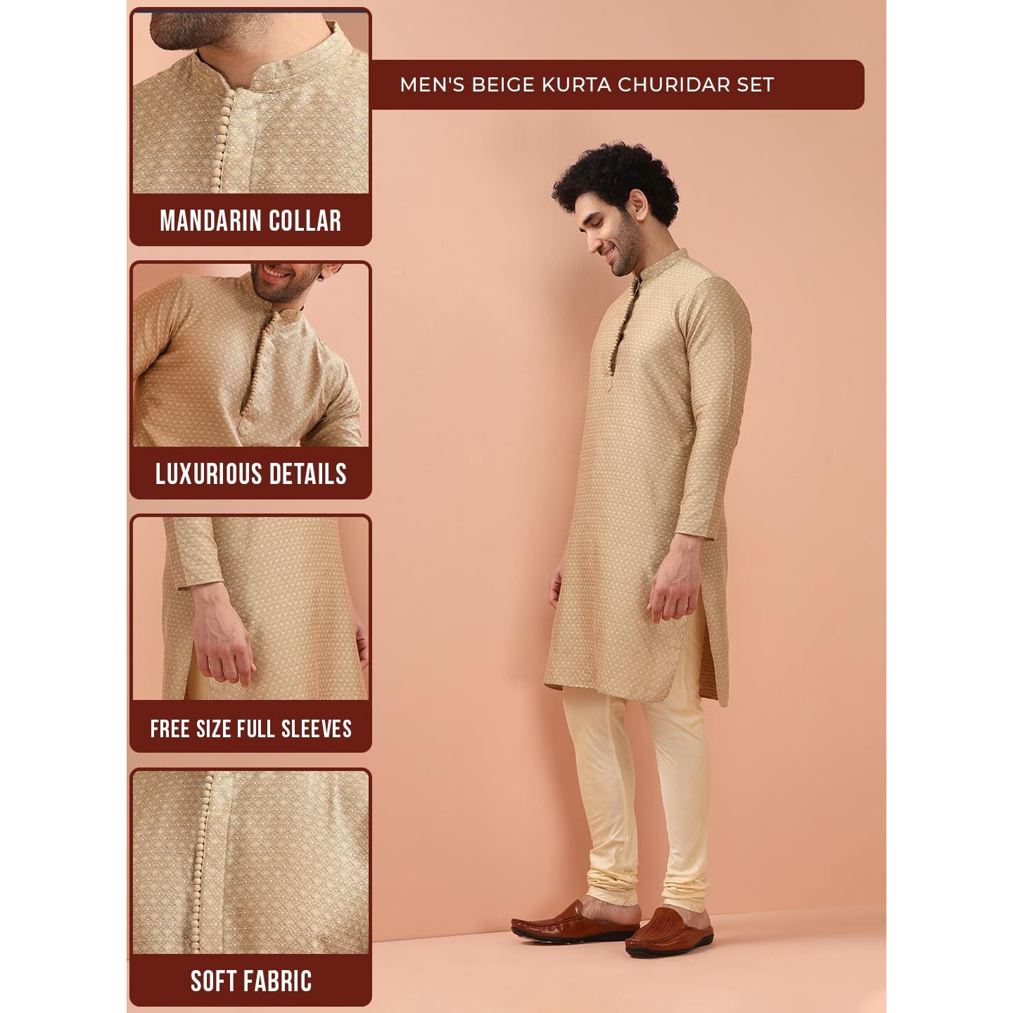 Kisah Mens Woven Silk Blend Kurta Churidar Set - Traditional Ethnic Wear For Men For Weddings & Festivals, Beige, 44