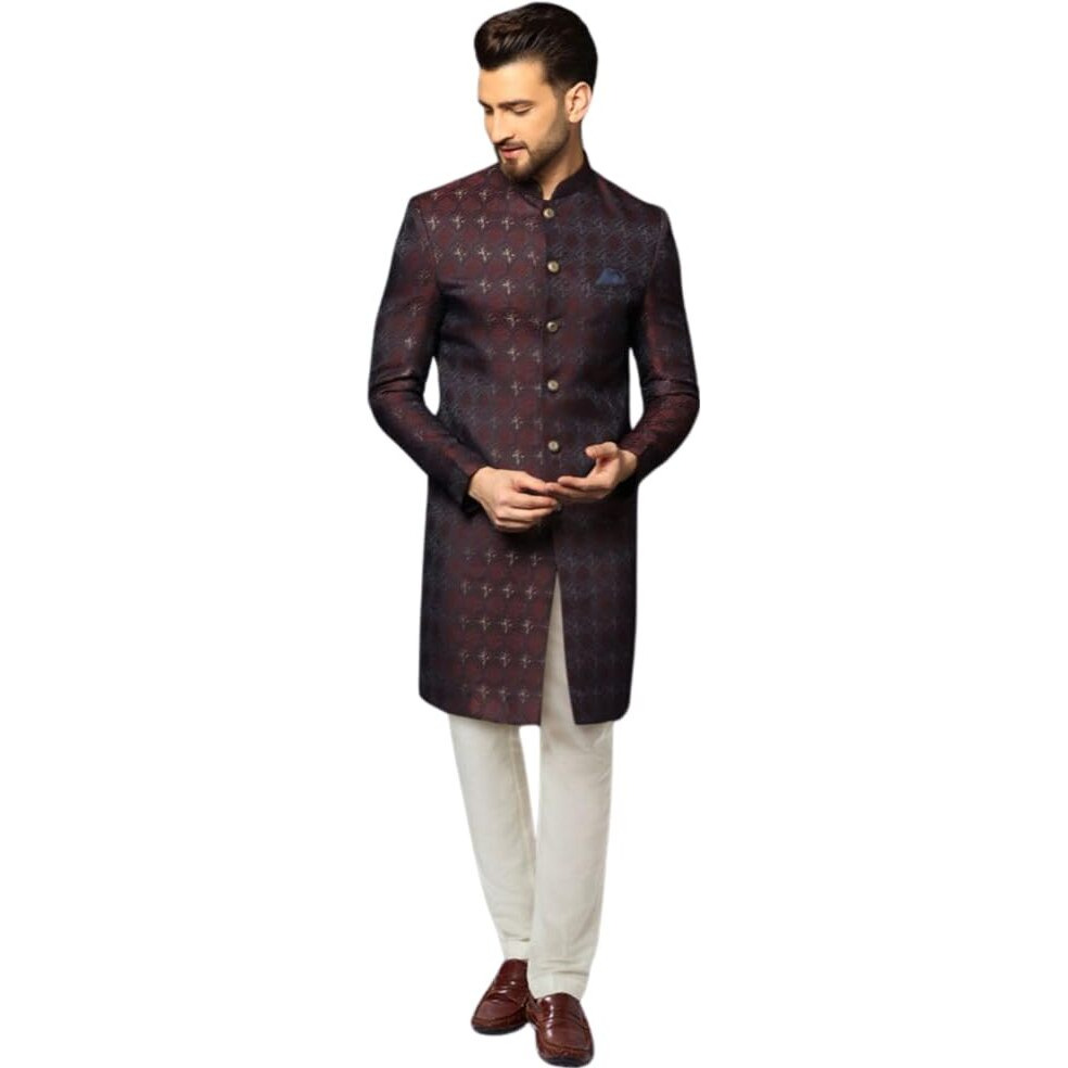 Kisah Men's Indo-Western Sherwani Churidar Set, Purple Cotton, Jacquard Mandarin Collar Regular Fit Long Sleeves (M)