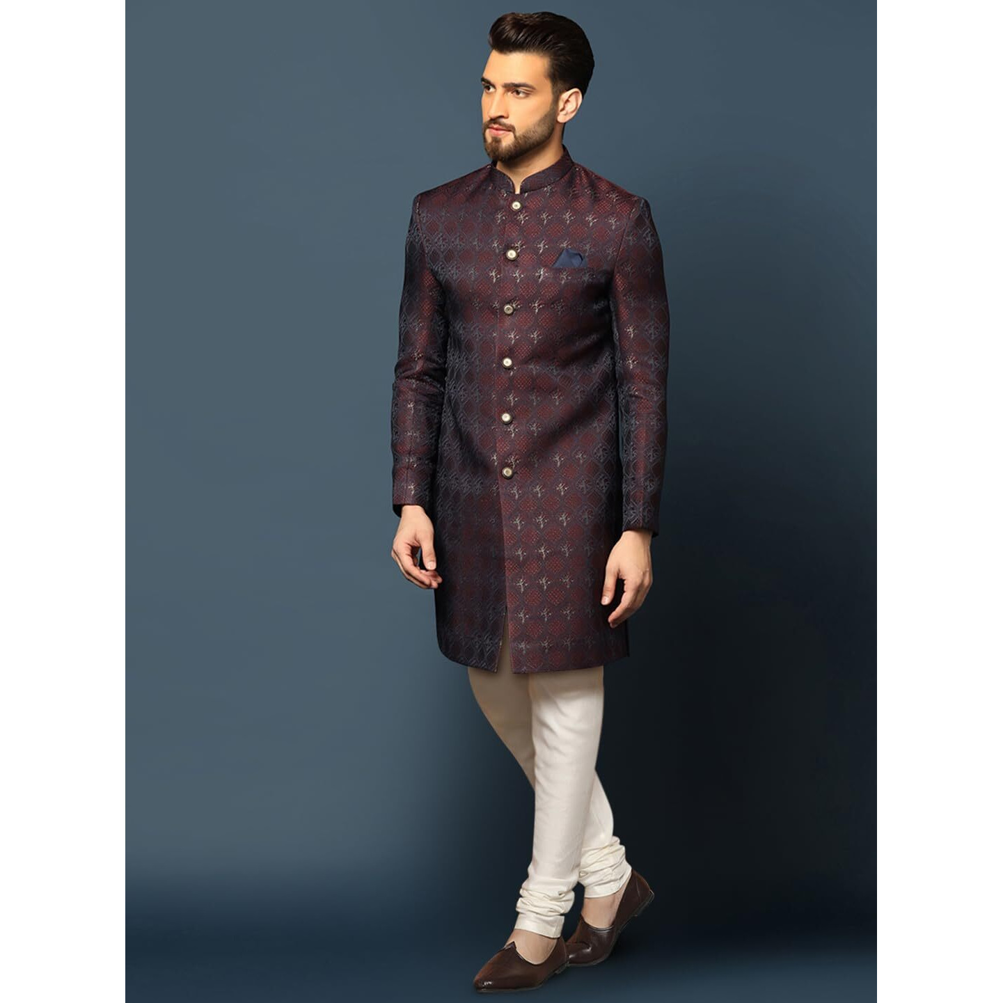 Kisah Men's Indo-Western Sherwani Churidar Set, Purple Cotton, Jacquard Mandarin Collar Regular Fit Long Sleeves (M)