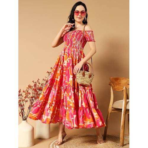 Kzully Women's Crepe Smocked Midi Dress (7001-Orange-Pink-Xs-Print_Orange