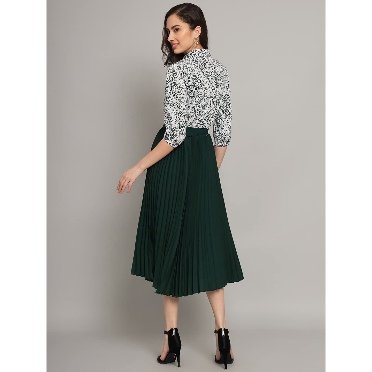Kzully | Elegant A-Line Dress Collared V-Neck Top, Pleated Skirt With Elastic Waist, Includes Belt Green