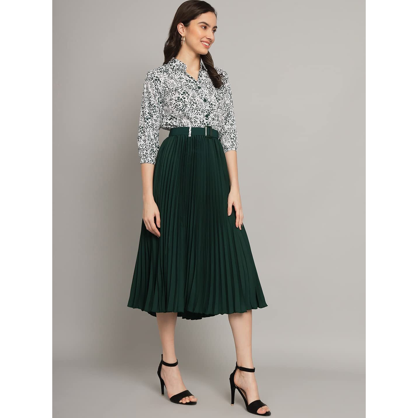 Kzully | Elegant A-Line Dress Collared V-Neck Top, Pleated Skirt With Elastic Waist, Includes Belt Green