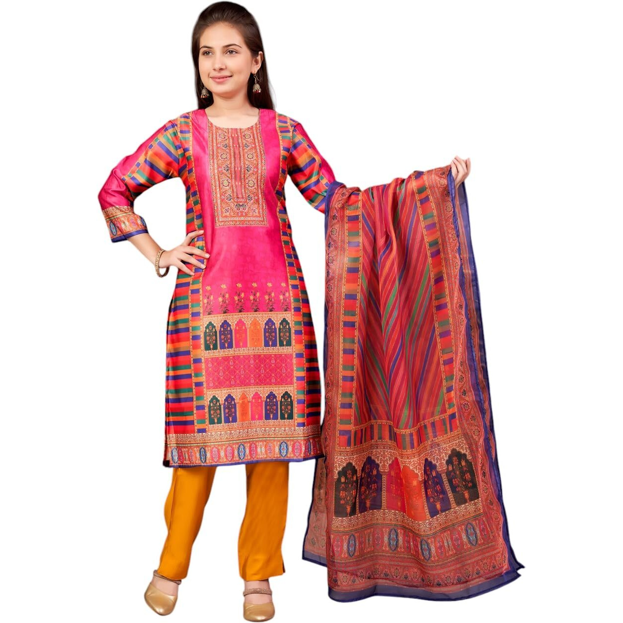 Aarika Girls Ethnic Wear Rani-Mustard Colour Abstract Embalished Satin Kurti Pant Set-8-15 Years (Kp-Tr-K-1042)