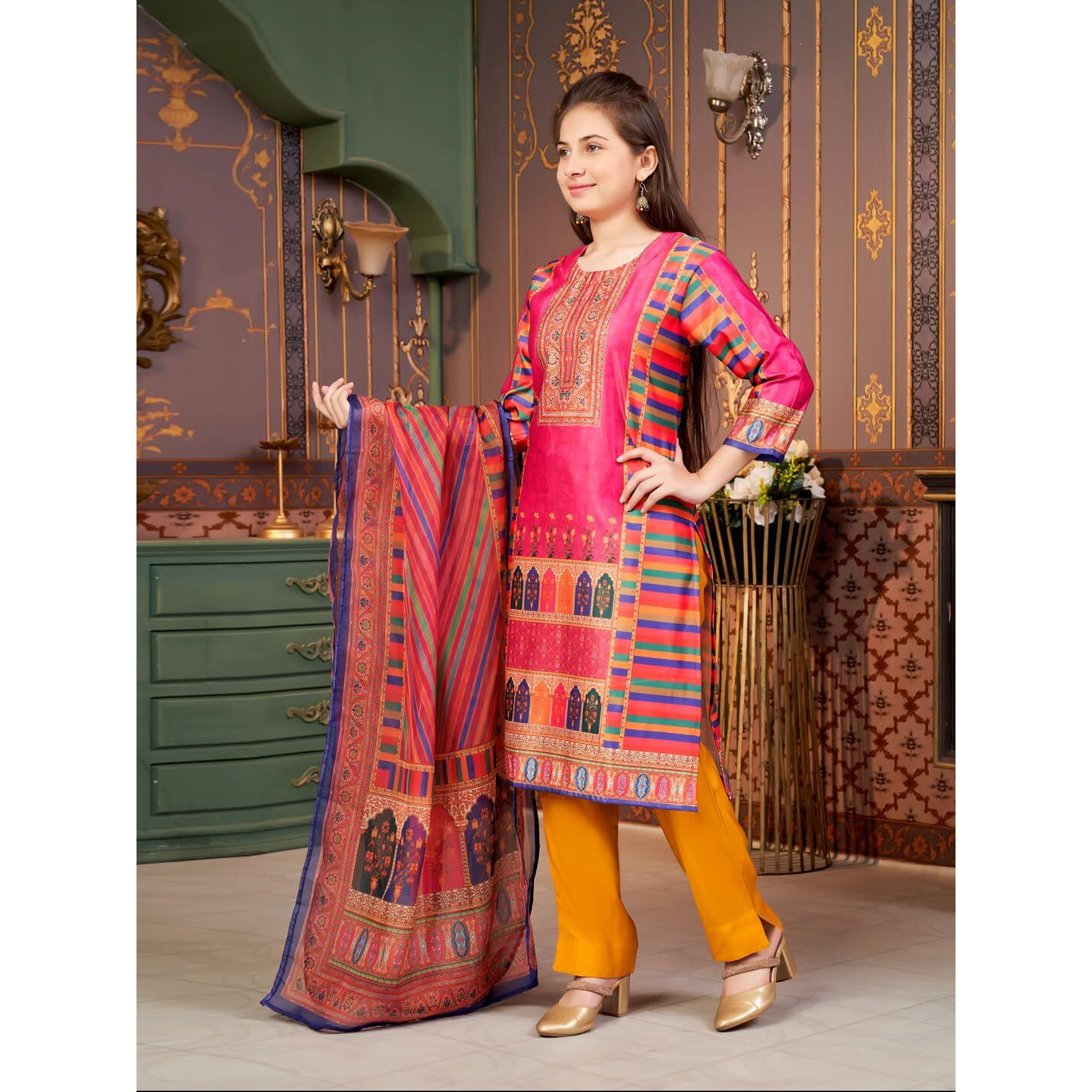 Aarika Girls Ethnic Wear Rani-Mustard Colour Abstract Embalished Satin Kurti Pant Set-8-15 Years (Kp-Tr-K-1042)
