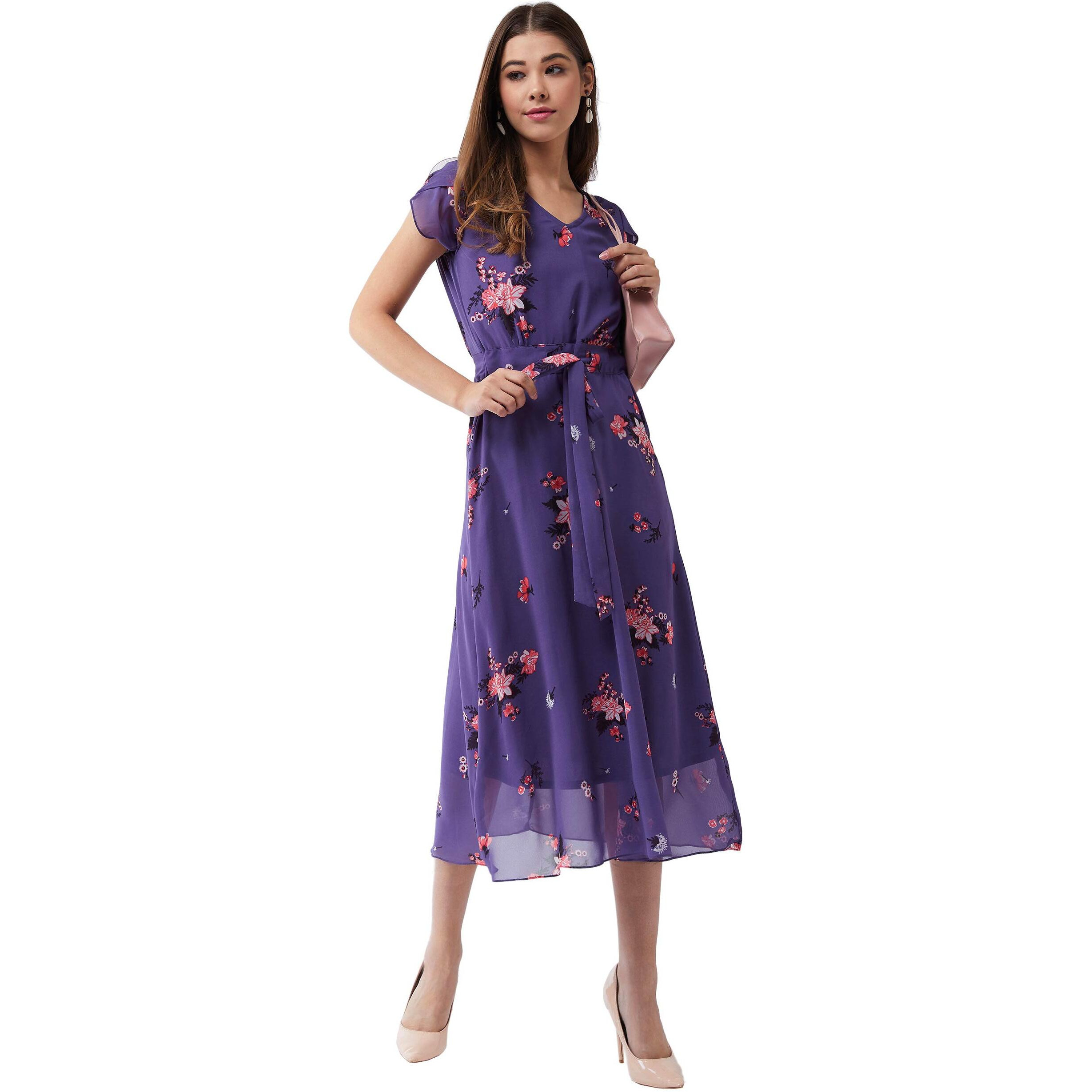 Miss Chase Women's Multicolored Base Lavender V-Neck Short Sleeved Floral Pleated Midi Dress (Mcss19D12-95-190-09, Multicolor-Base Purple, Xxxxl)