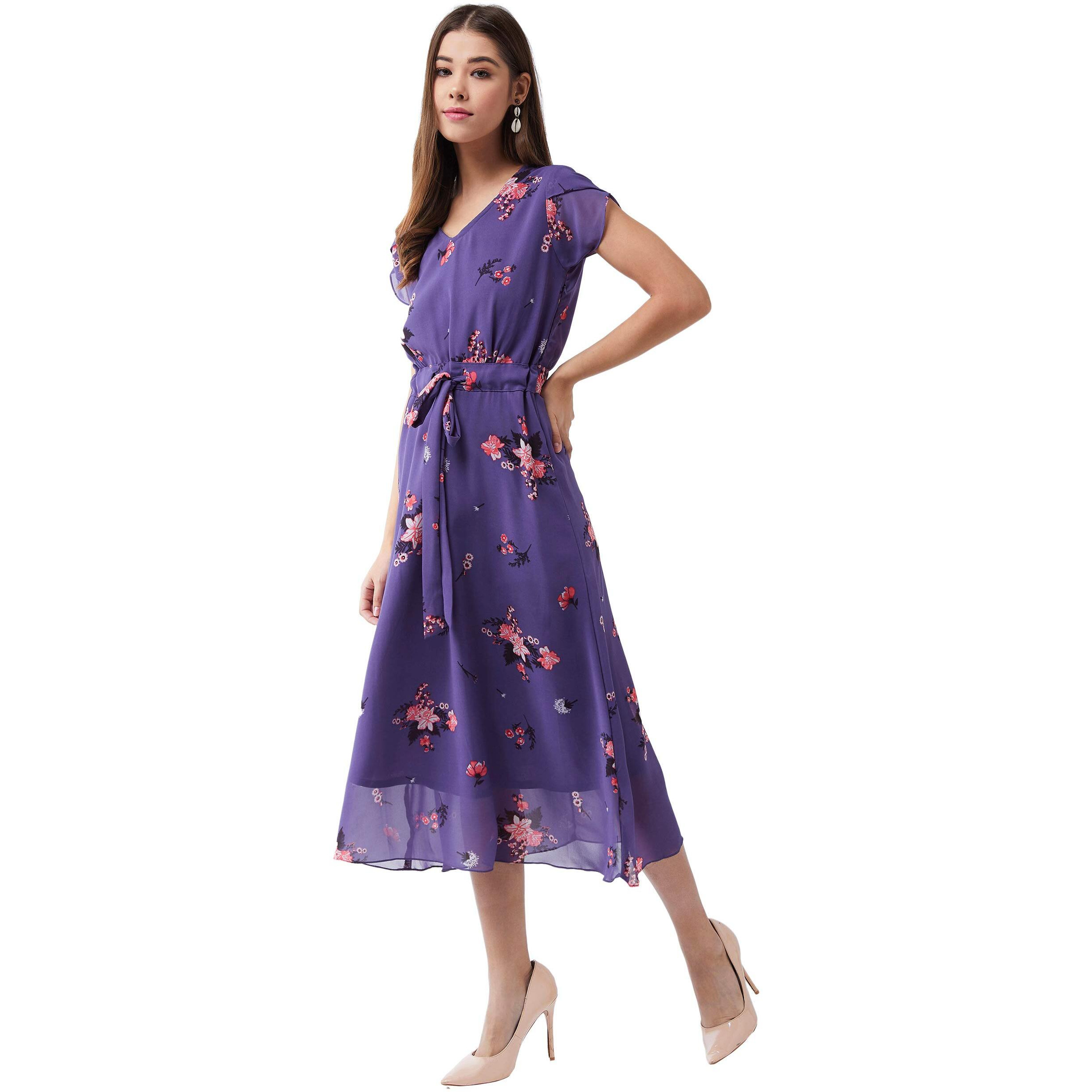 Miss Chase Women's Multicolored Base Lavender V-Neck Short Sleeved Floral Pleated Midi Dress (Mcss19D12-95-190-09, Multicolor-Base Purple, Xxxxl)