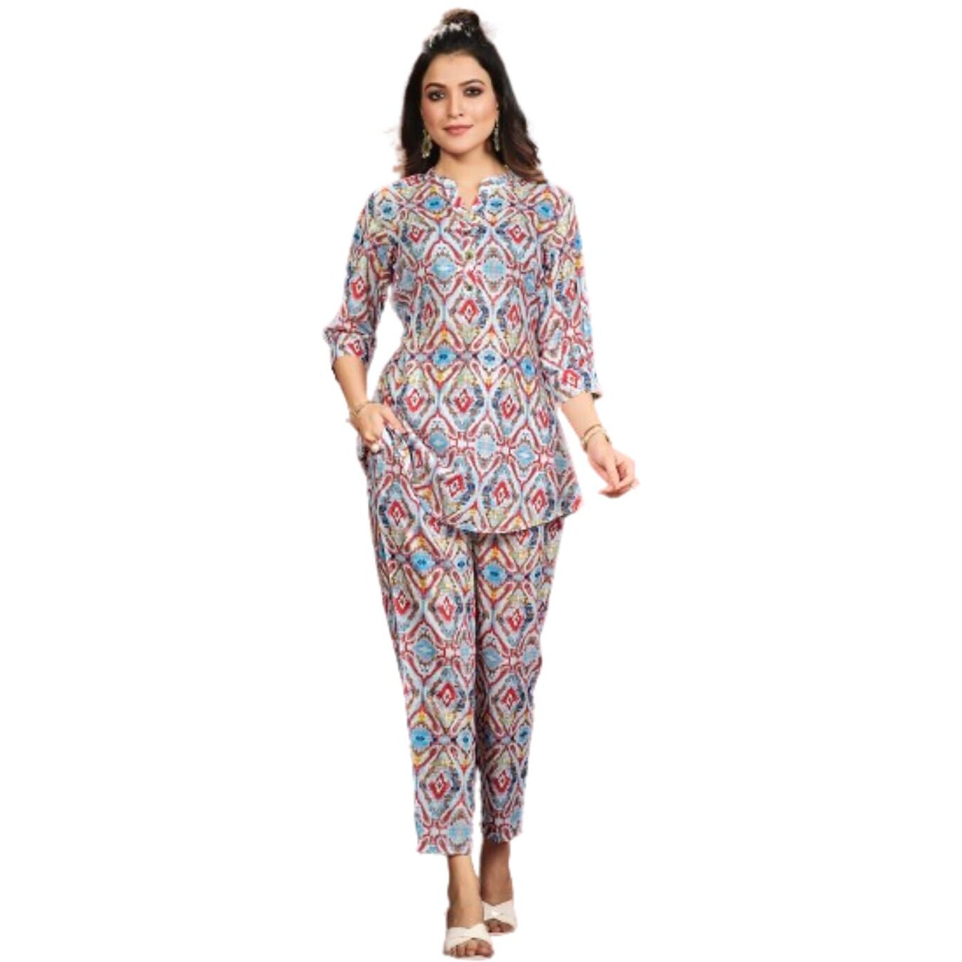 Nainvish Women's Polyester Printed Straight V-Neck Co-Ord Top & Pant Set (Sd595_Kb-M_Blue)