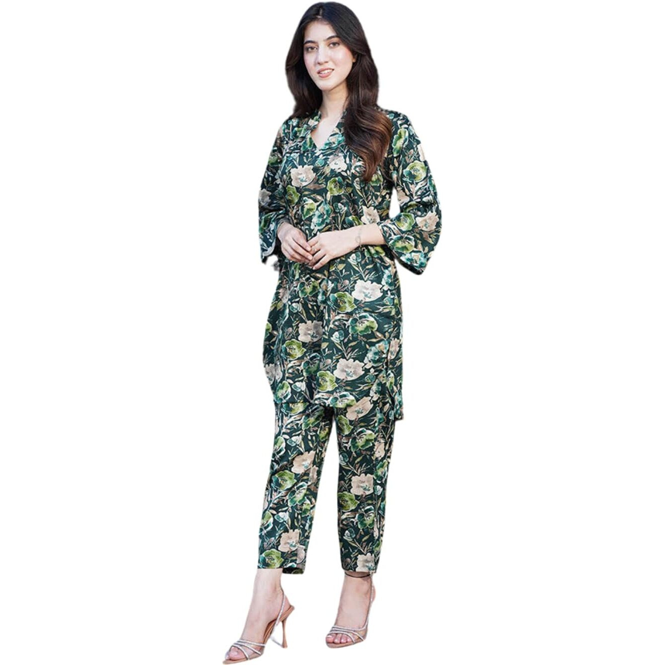 Nainvish Women's Green Printed Straight Rayon Blend V-Neck Co-Ord Set (Sd726_Kb-L_Green)