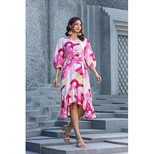 Dhruvi Trendz Womens Rayon Women Western Dresses Regular Fit Fit And Flare (Dt-Wd1121_Pink_M)