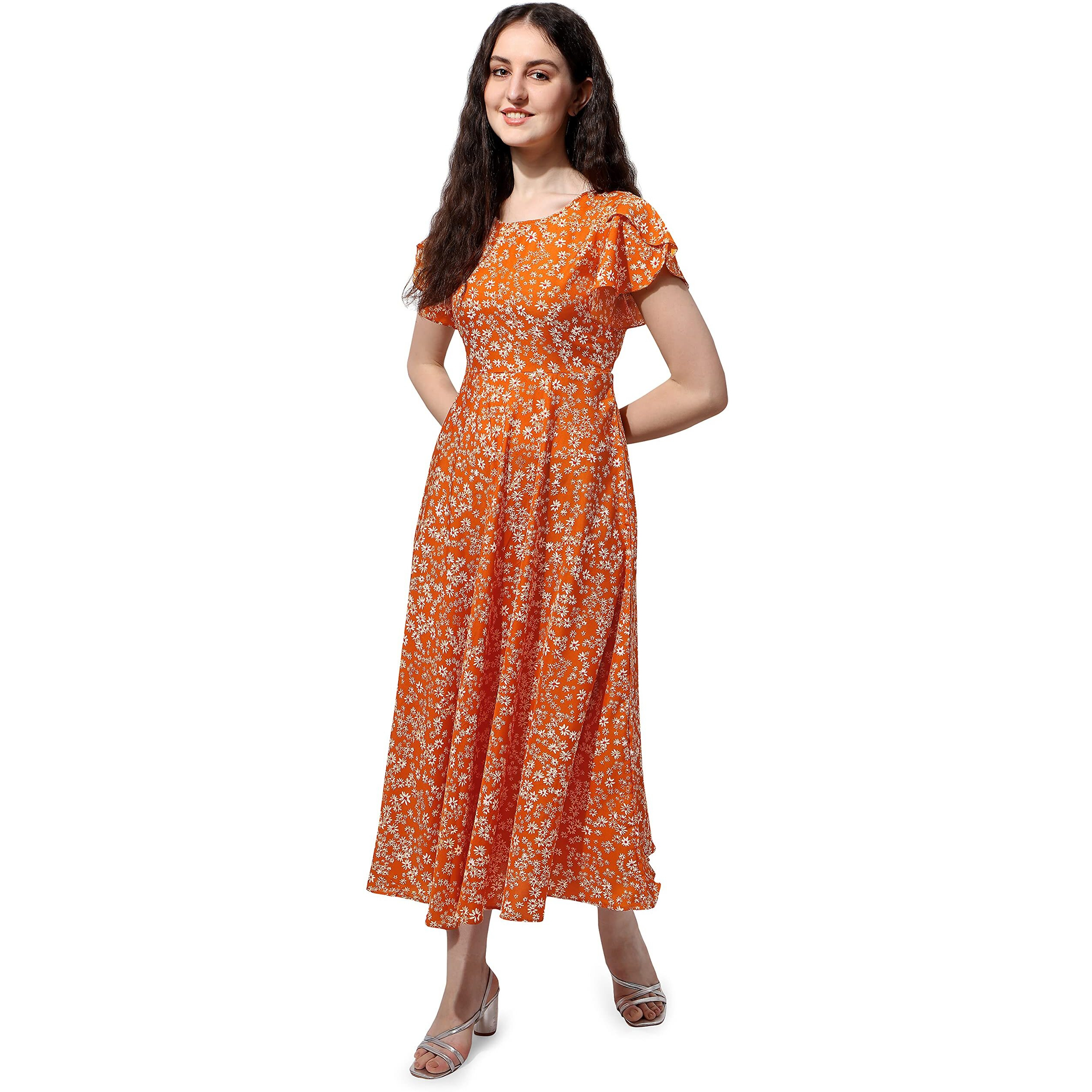 Oomph Dress For Women Stylish | One Piece For Women Long | Trendy Long One Piece Summer Outfit | Lightweight Flared Maxi Dress For Casual & Holiday Wear Orange
