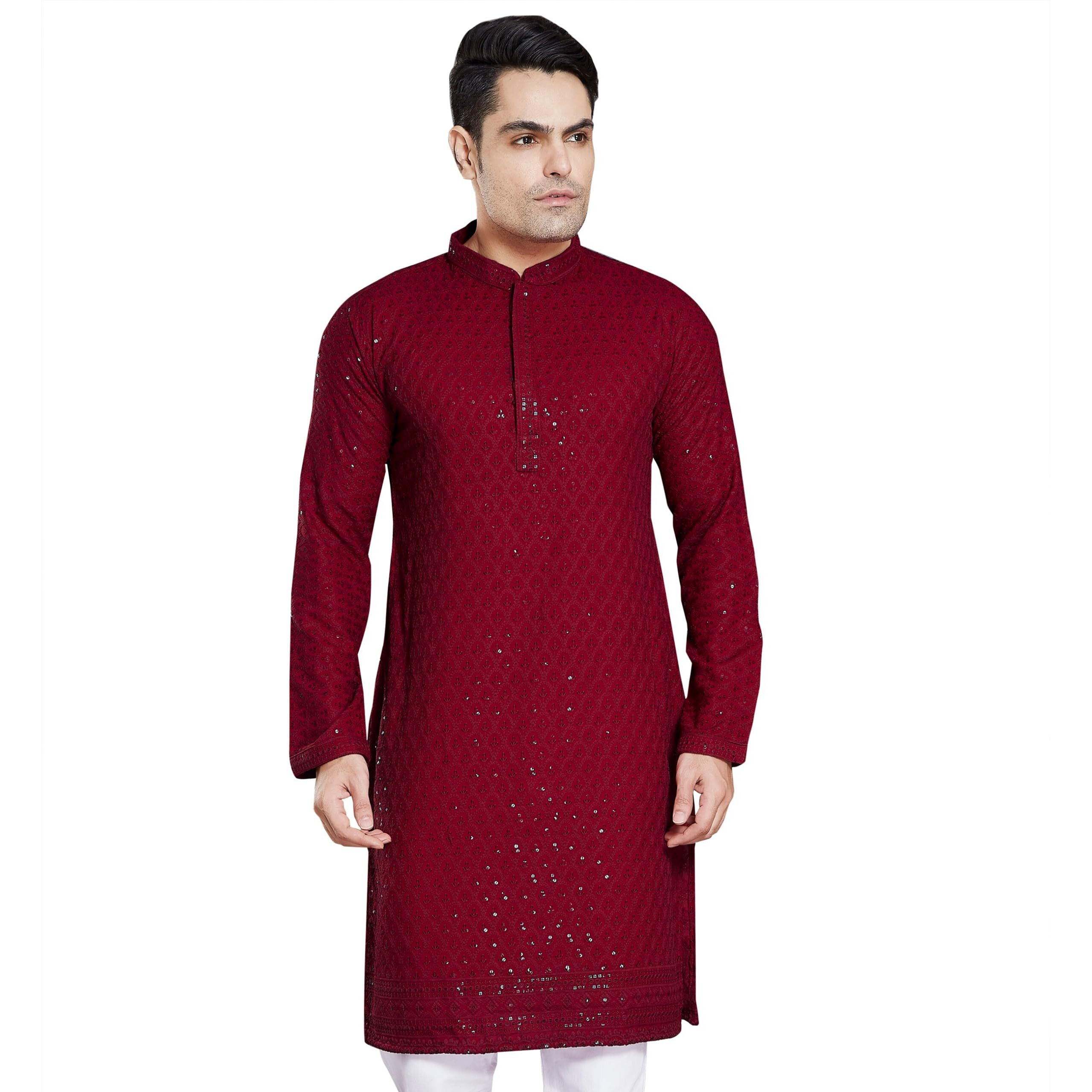 Divisive Men's Sequince Embroidered Cotton Blend Only Kurta (Dkrt2_Xxl_Maroon)