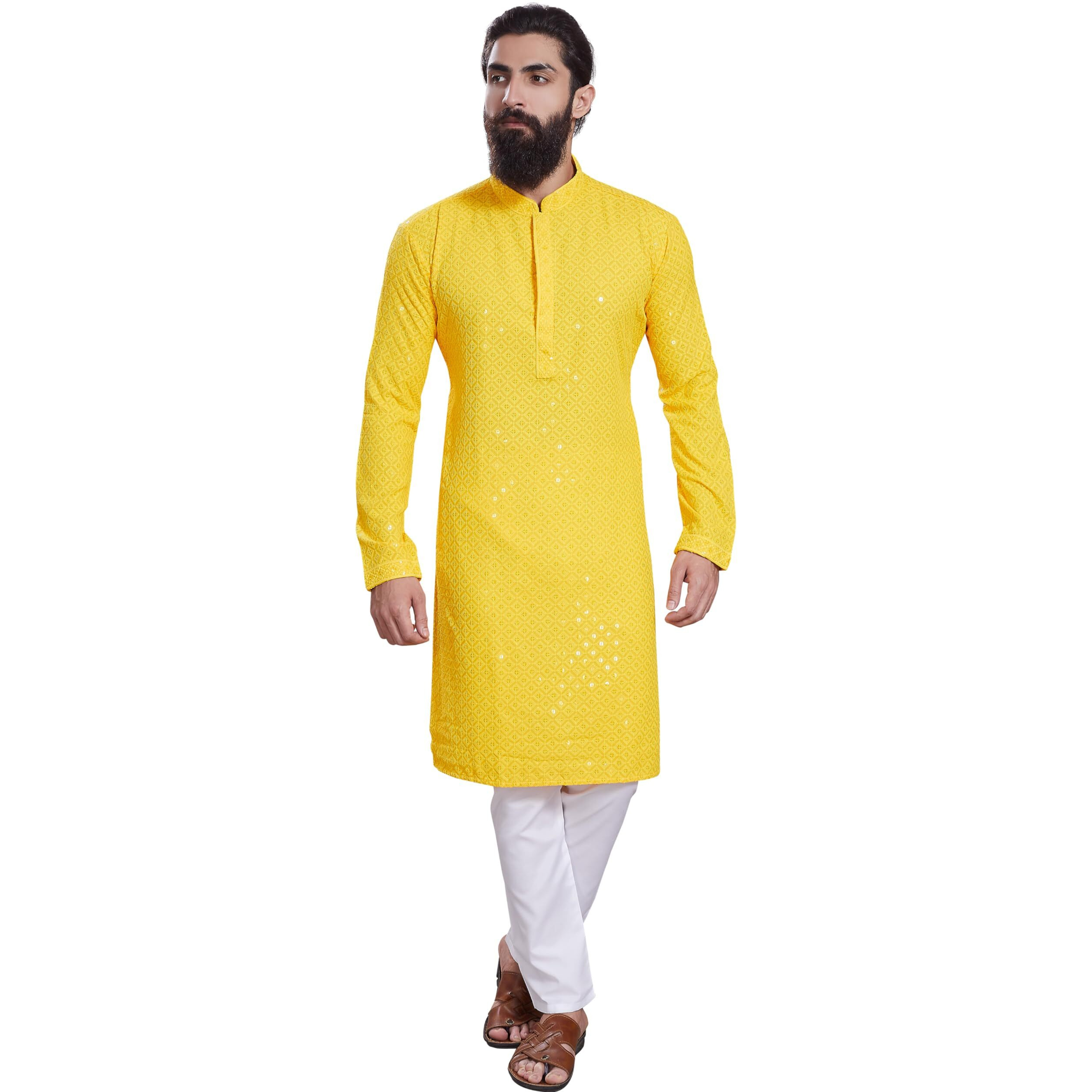 Divisive Men's Sequince Embroidered Cotton Blend Only Slim Fit Kurta (Dkrt231_S_Yellow)