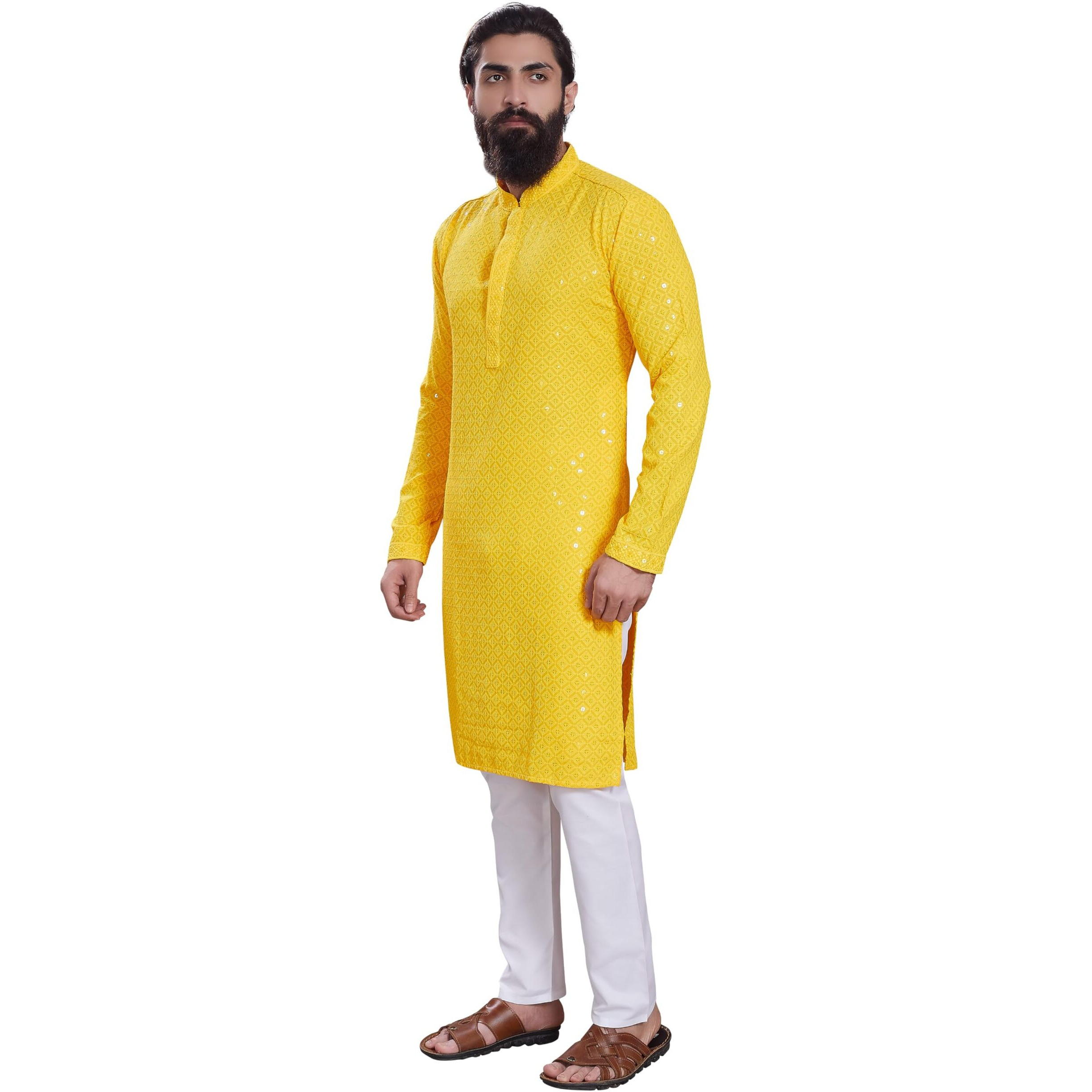 Divisive Men's Sequince Embroidered Cotton Blend Only Slim Fit Kurta (Dkrt231_S_Yellow)