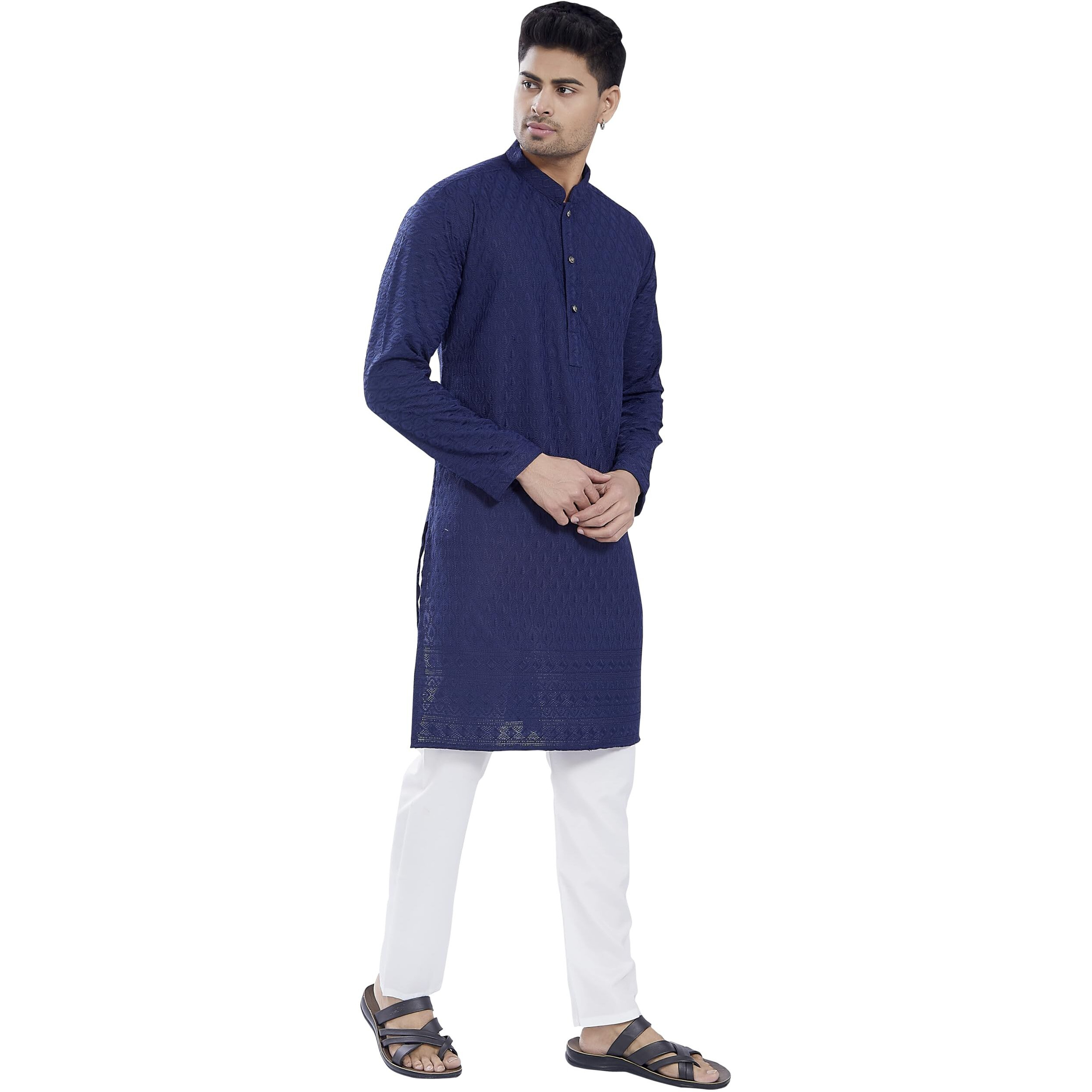 Divisive Men's Thread Embroidered Cotton Blend Only Slim Fit Kurta (Dkrt729_Xxxl_Navy)