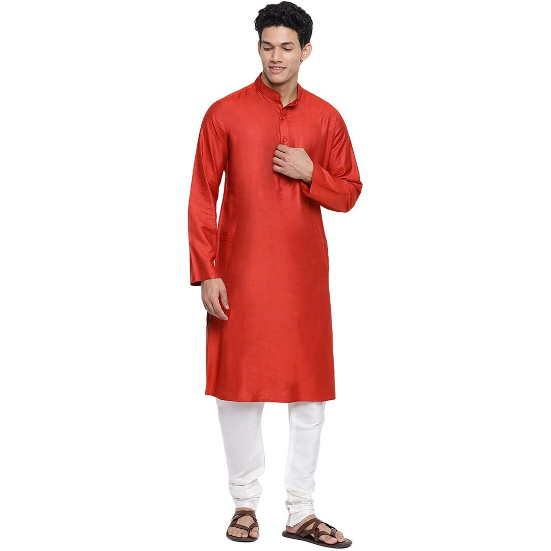 Fabindia Men Viscose Silk Chinese Collar Long Kurta Red_S