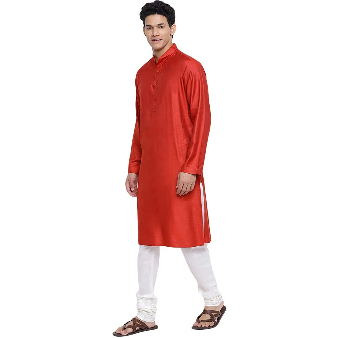 Fabindia Men Viscose Silk Chinese Collar Long Kurta Red_S