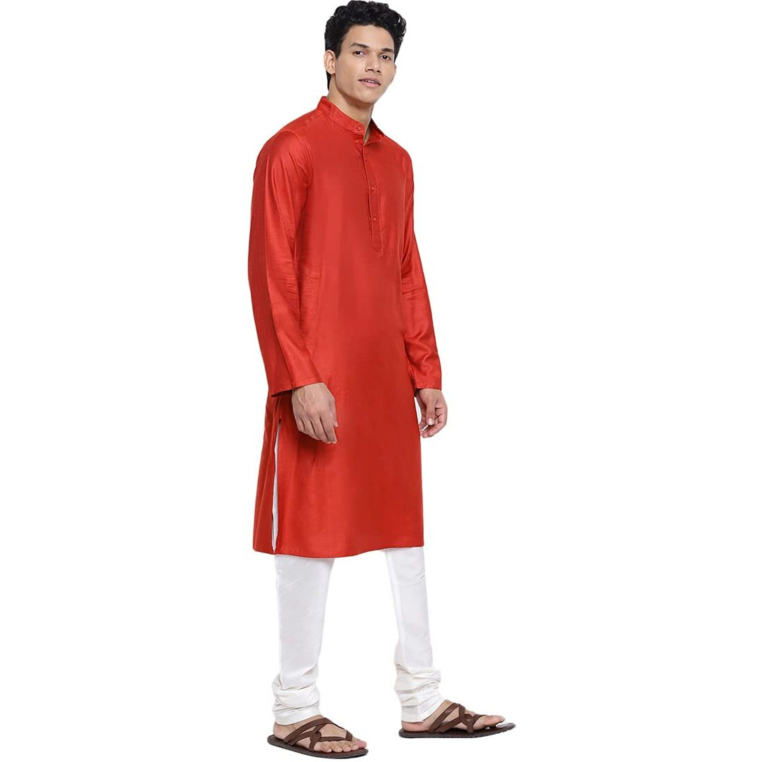 Fabindia Men Viscose Silk Chinese Collar Long Kurta Red_S