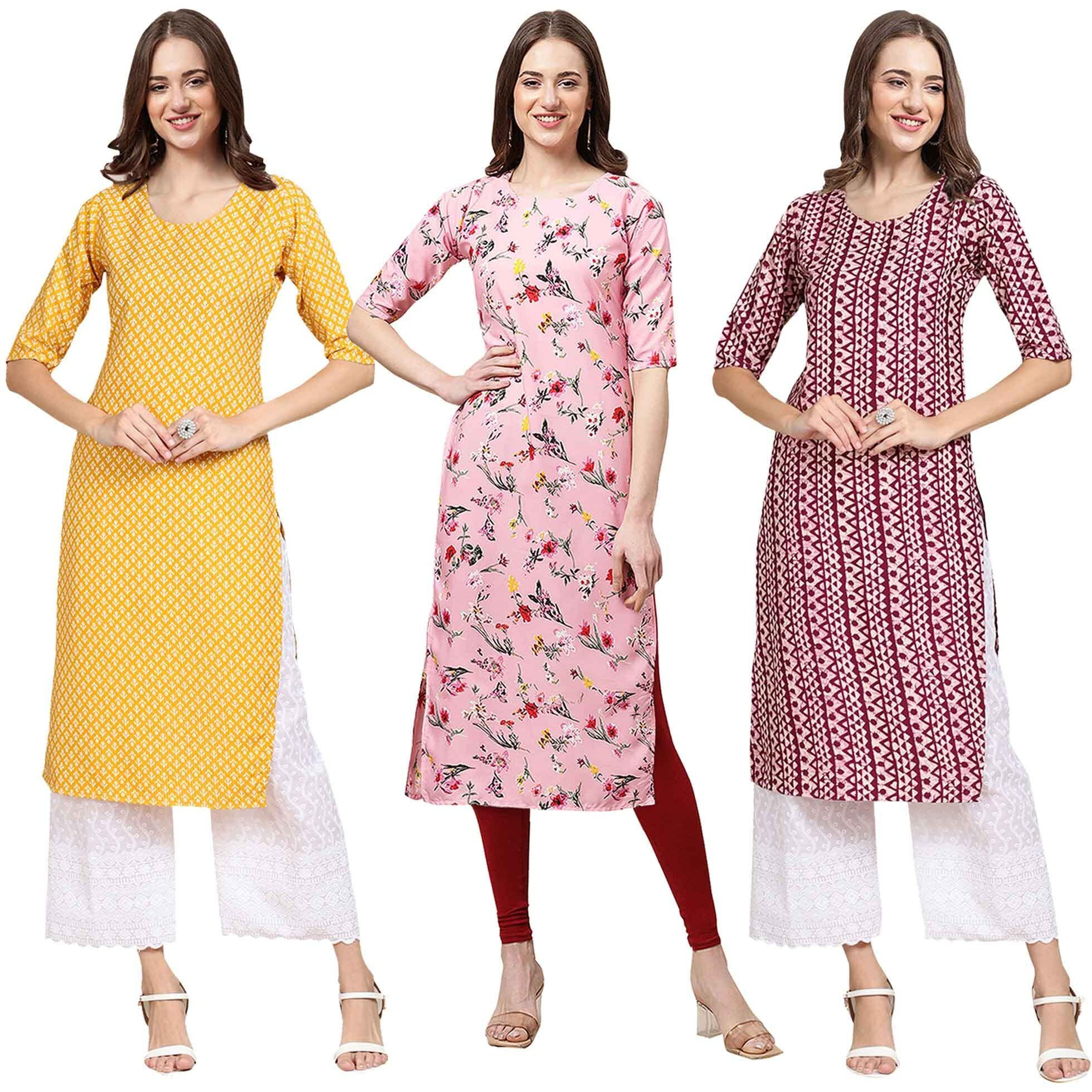 Pinkmint Women's Crepe Digital Print Straight Kurta [Pack Of 3] (Ckl-350-339-347-M)