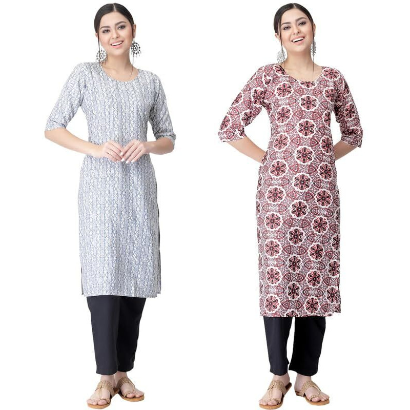 Pinkmint Kurta Set For Women Rayon Printed Stylish Neck Kurti With Pant Set (Pack Of 2) Silver-Pink