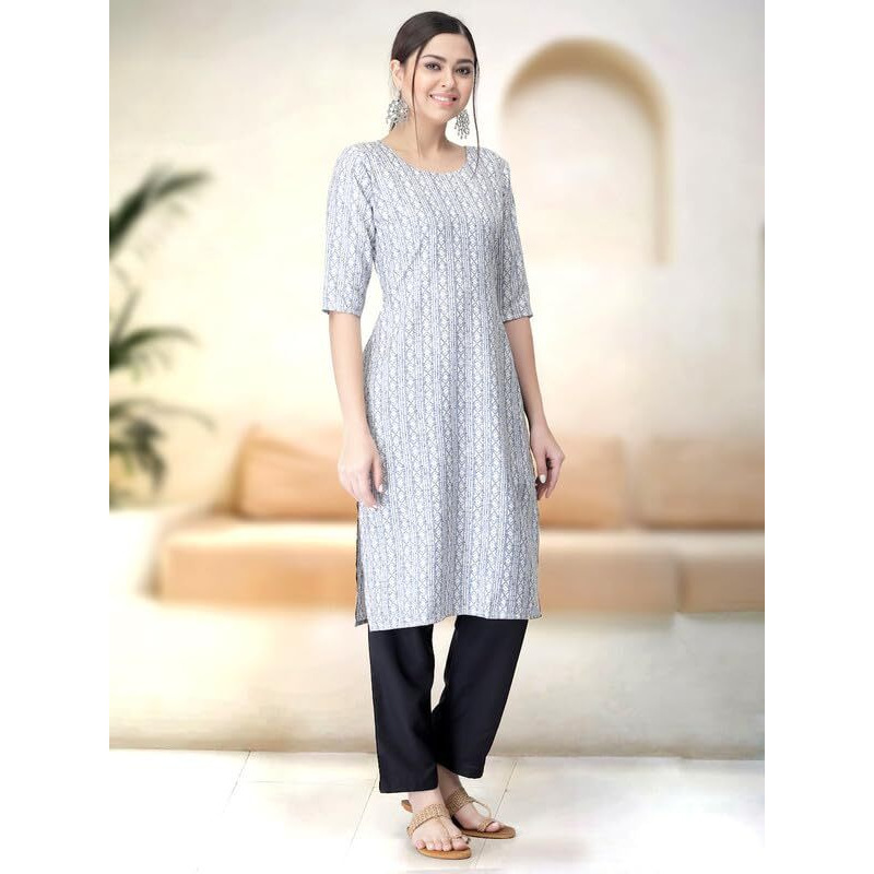 Pinkmint Kurta Set For Women Rayon Printed Stylish Neck Kurti With Pant Set (Pack Of 2) Silver-Pink