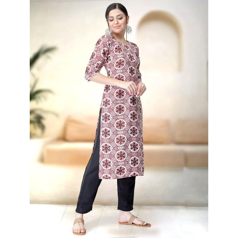 Pinkmint Kurta Set For Women Rayon Printed Stylish Neck Kurti With Pant Set (Pack Of 2) Silver-Pink