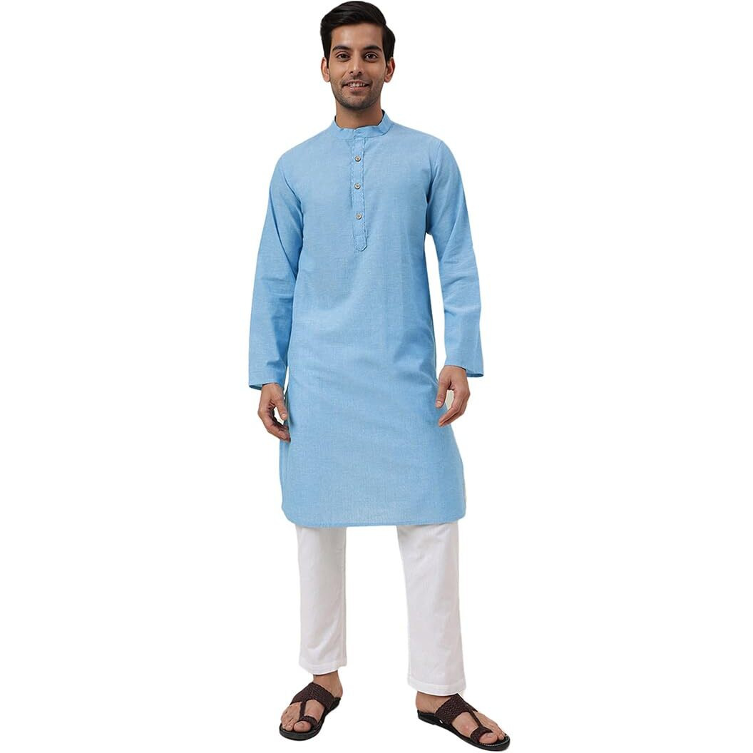 Fabindia Men's Cotton Woven Slim Kurta (1030815Blue_Blue
